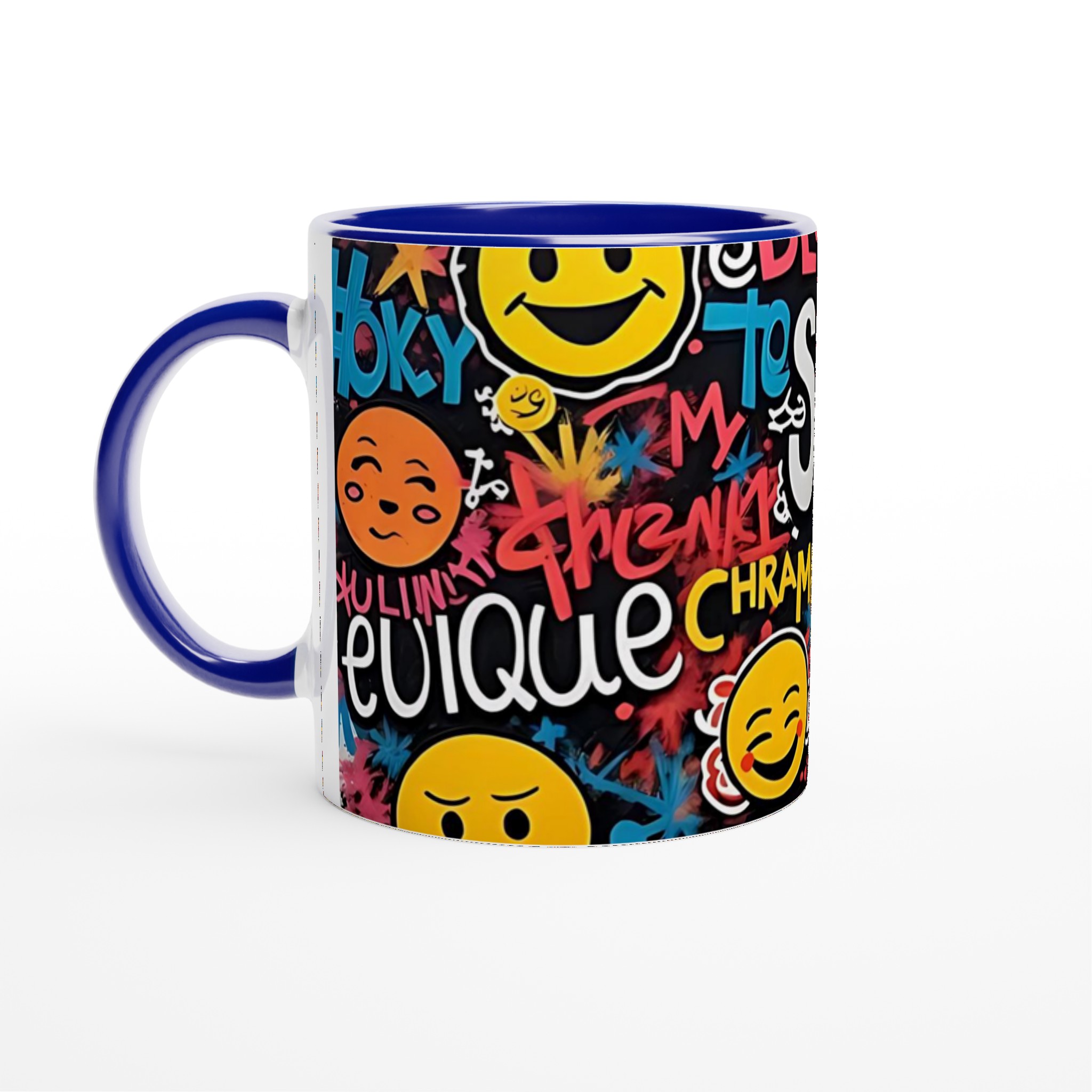 Vit 11oz keramisk mugg med färgstarkt graffiti- och emoji-motiv i flera keramiska färger 2 6a63f27d-91a3-403a-be4a-93edeb405a6c