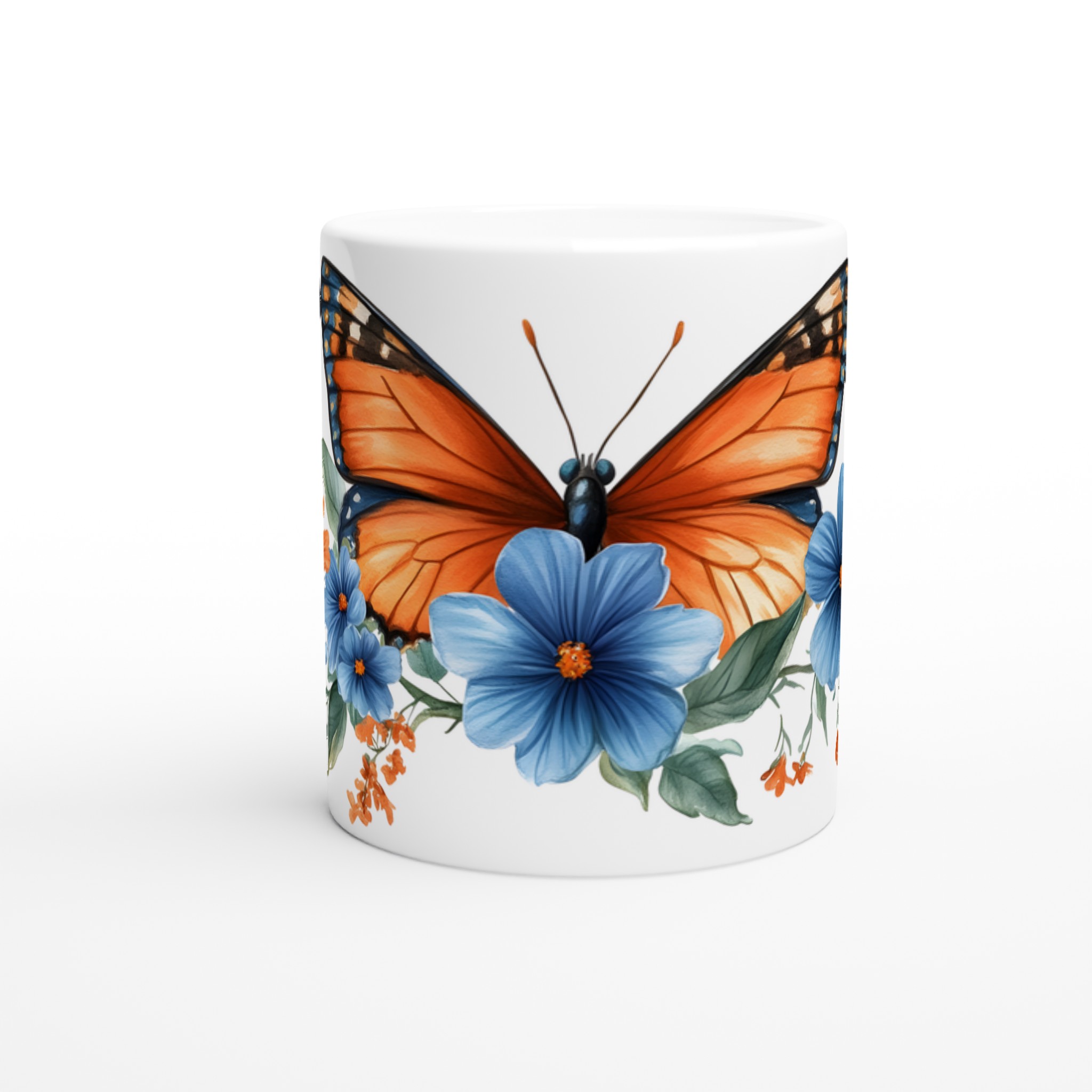 Fjärilsdröm Keramikmugg - Livfull Akvarelldesign med Blå & Orange Blommor – Välj Bland 7 Färger! 8 6a68efda-eec6-4e79-ba84-45ed2aa077c2