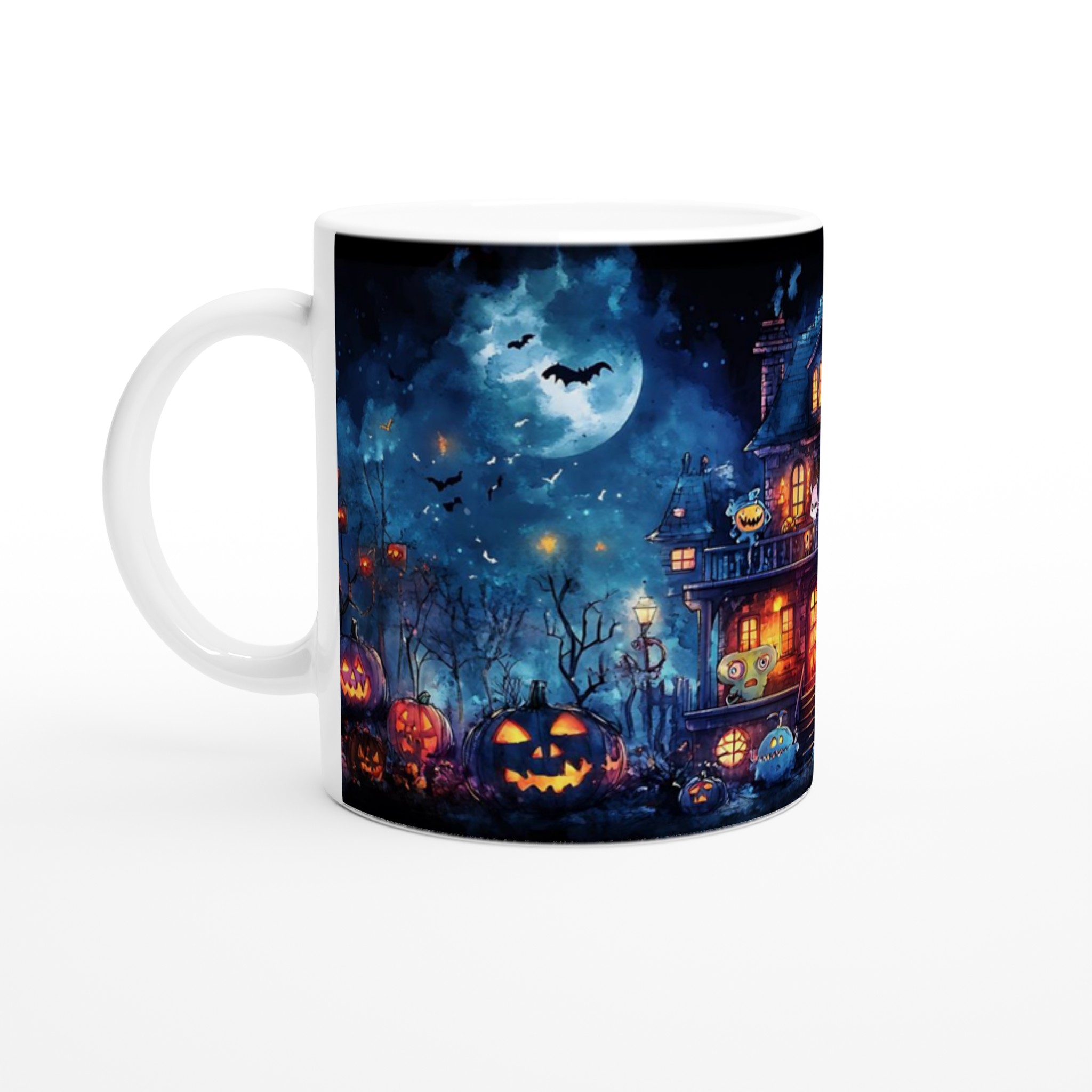 Spooky Fun! Haunted Mansion & Pumpkins 11oz Keramisk Mugg – Välj bland 7 kusliga färger! 1 6bfbc257-7007-4899-a45b-4a07da68b198