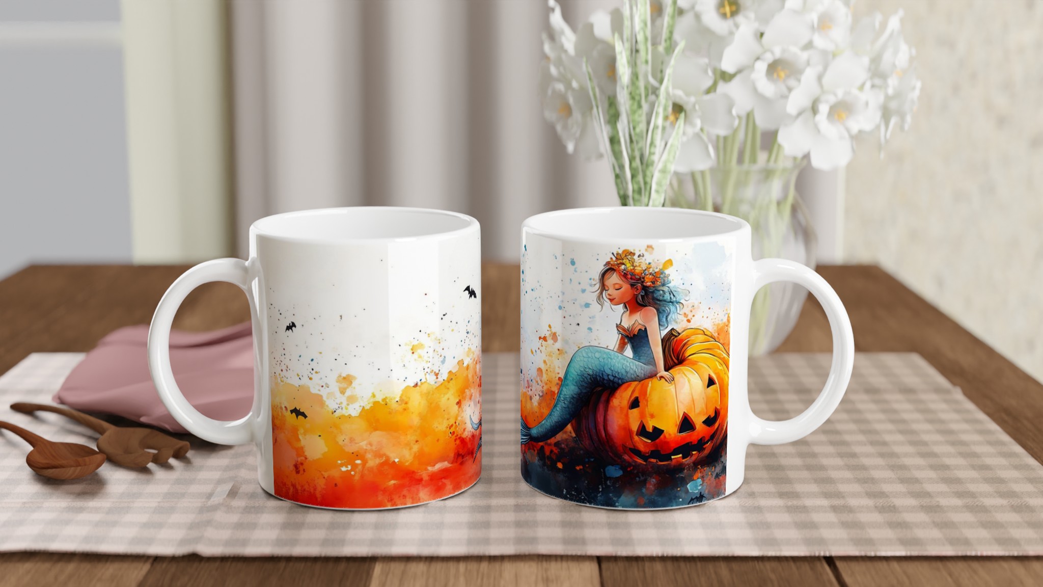 Förtrollande Halloween Själjungfru Mugg – Akvarell Magisk Pumpa & Fladdermöss – 11oz Keramisk Mugg i Valfri Färg 10 6c3f8416-183d-4070-8fd9-f58c61e646a4