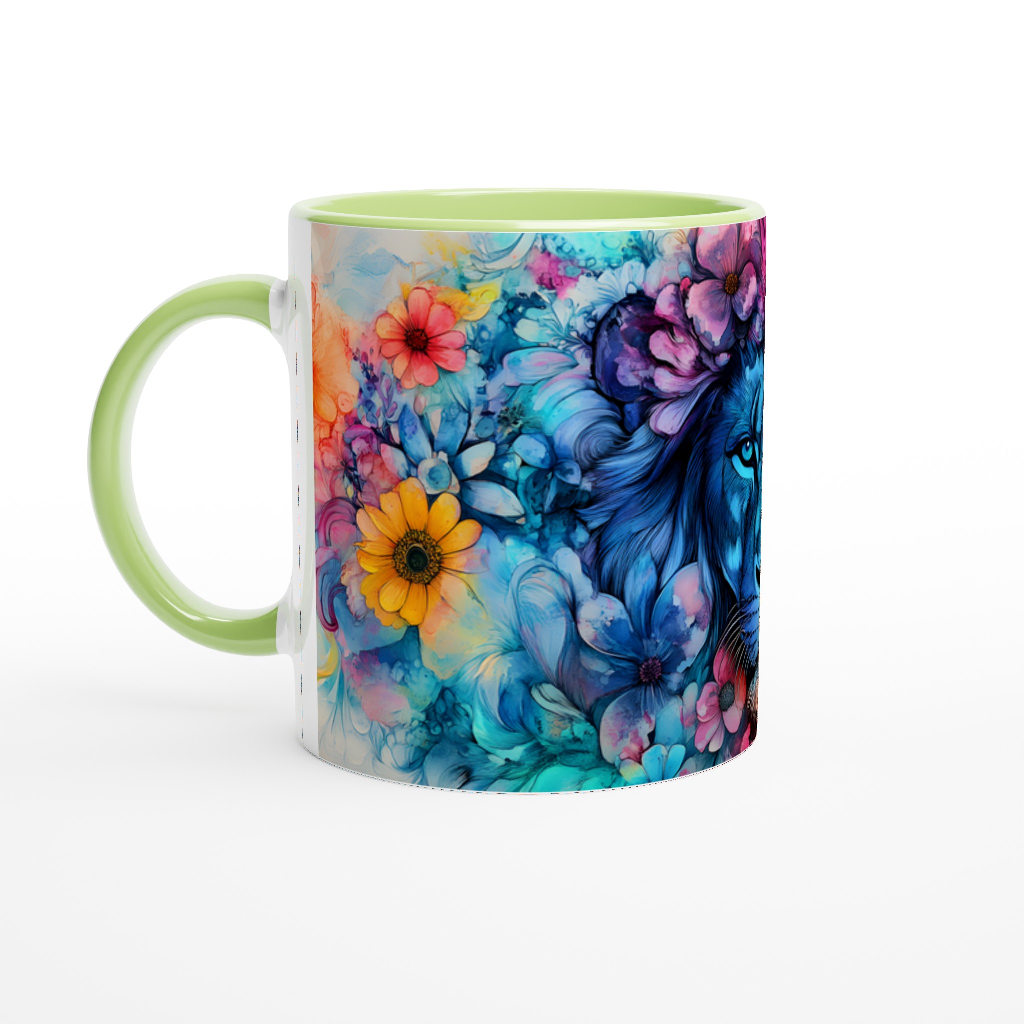 Vit 11oz keramisk mugg med levande lejon och blomsterdesign i flera färger 7 6cb7b13f-c529-4f39-8115-0ebdd04a00b3