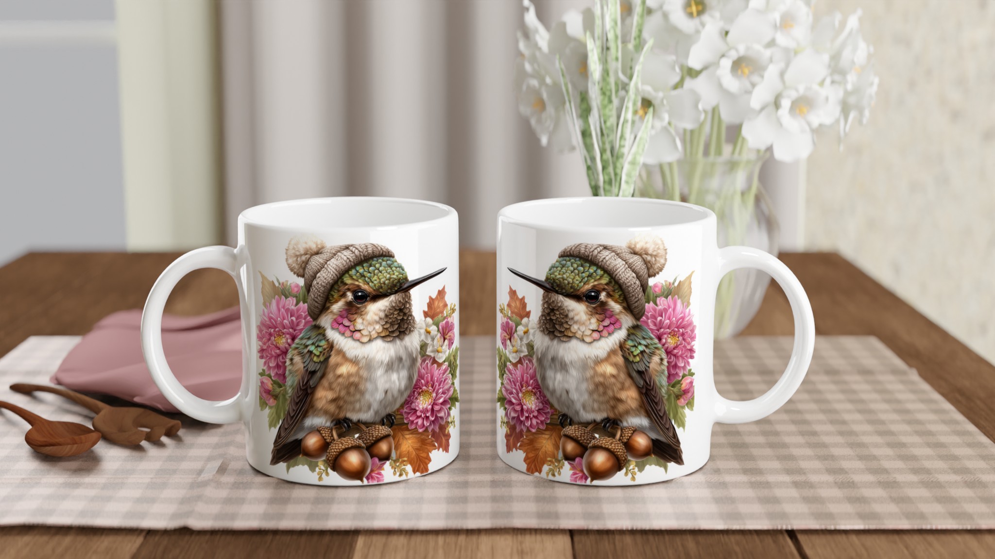 Vit 11oz keramisk mugg med färgstarkt kolibri- och blomsterdesign – välj bland sju livfulla färger 10 6d8c0de5-5314-441a-afe7-f5b9c1cfea2c