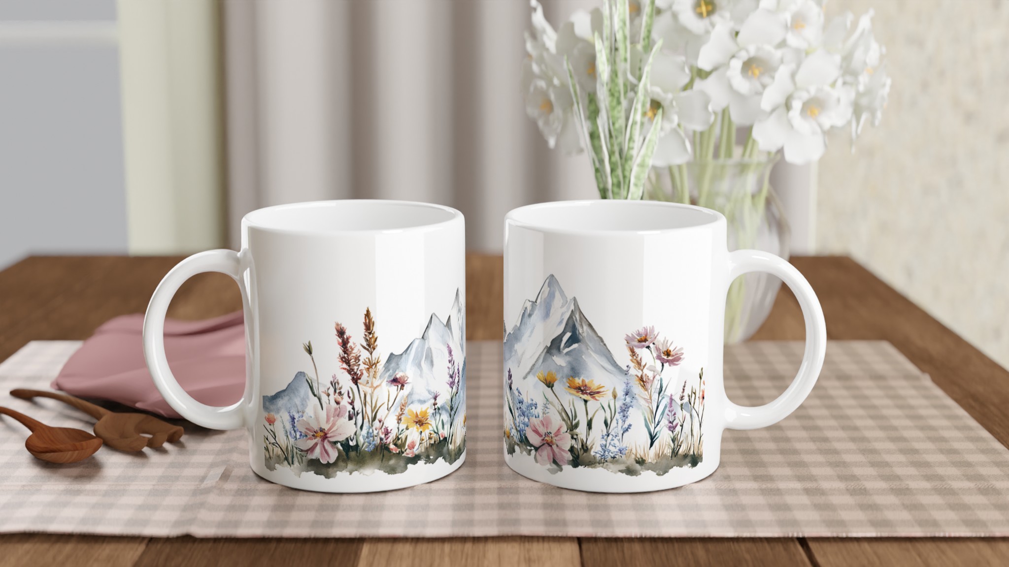 Alpin Blomstermugg: Akvarell Berg & Vilda Blommor – 11oz Keramikmugg i Valfri Färg 10 6e2f0cd1-4180-4ca3-93a0-cdcfd3d4ee2e