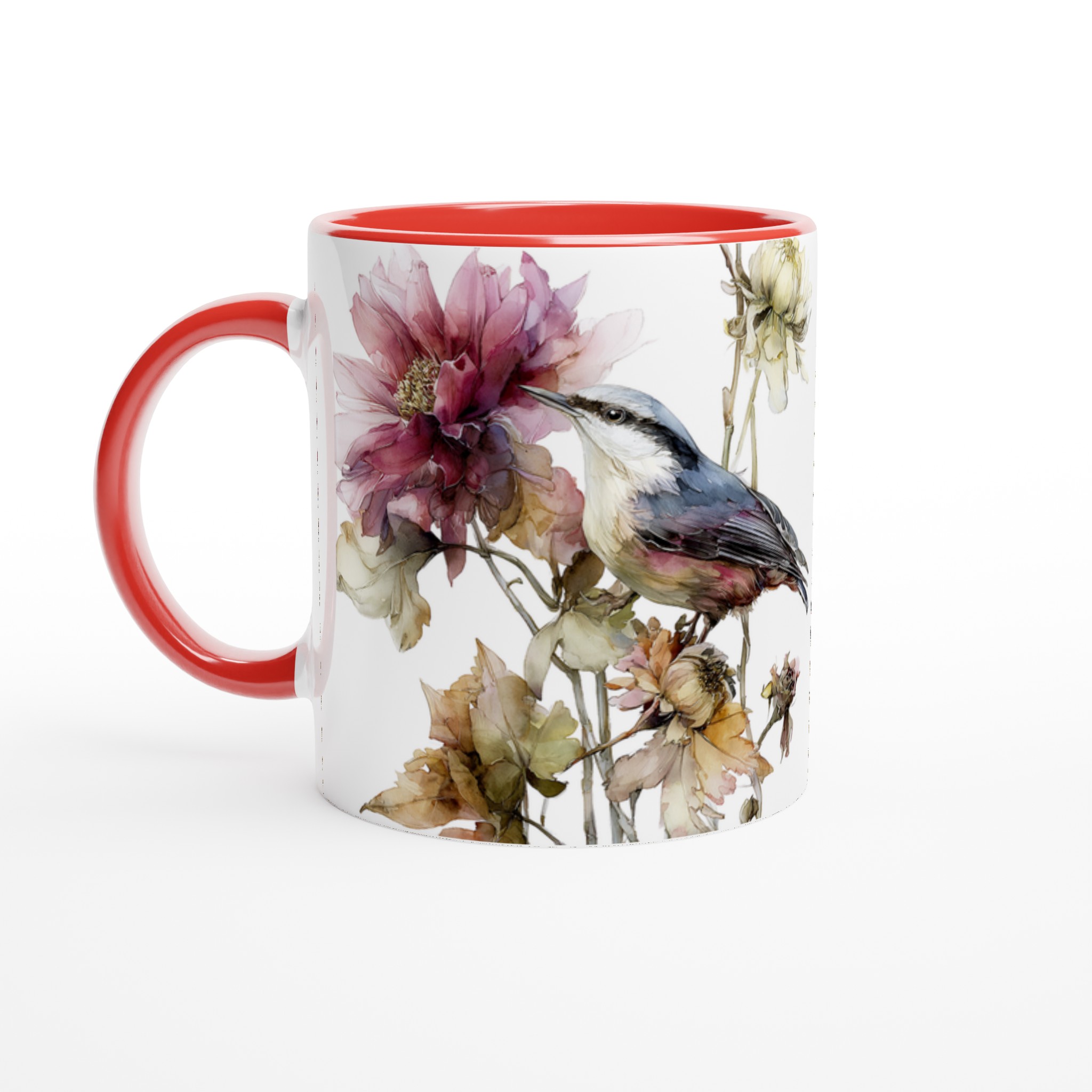 Vit 11oz keramikmugg med elegant fågel- och blomsterdesign – välj bland sju färgstarka nyanser 5 6e9a3a4e-f4bf-4753-b81a-1307992b83d5