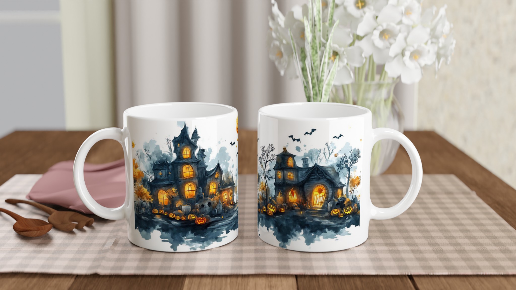 Spooky Halloween Haunted House Mugg - Akvarellstil med Lysande Pumpor och Fladdermöss 10 6f6b1ffd-c051-42aa-b842-95d7a61554f6
