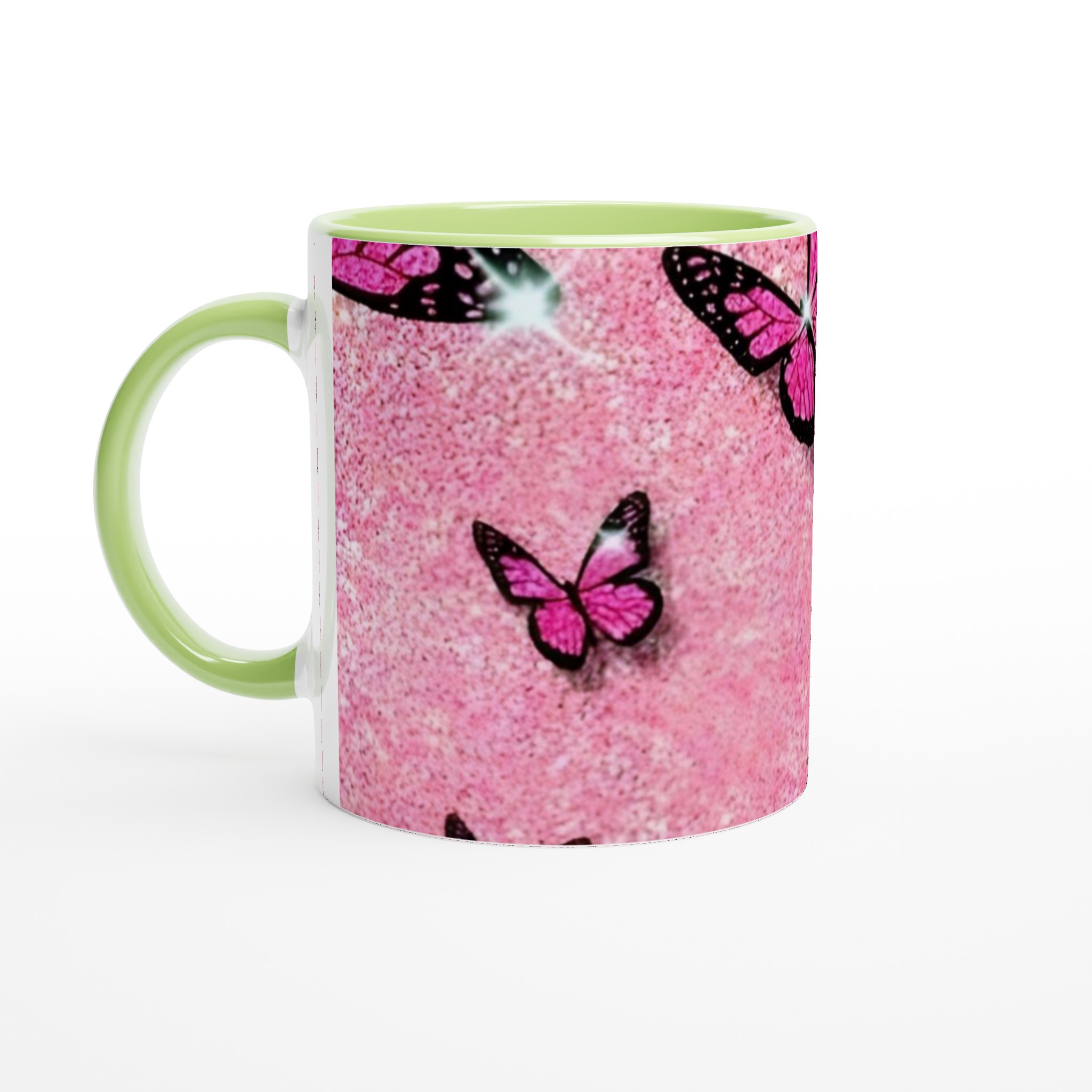 Vit 11oz keramisk mugg med glänsande rosa fjärilsmotiv – välj din favoritfärg 7 70987728-2c4b-4d33-8cbd-b452a133bfa3