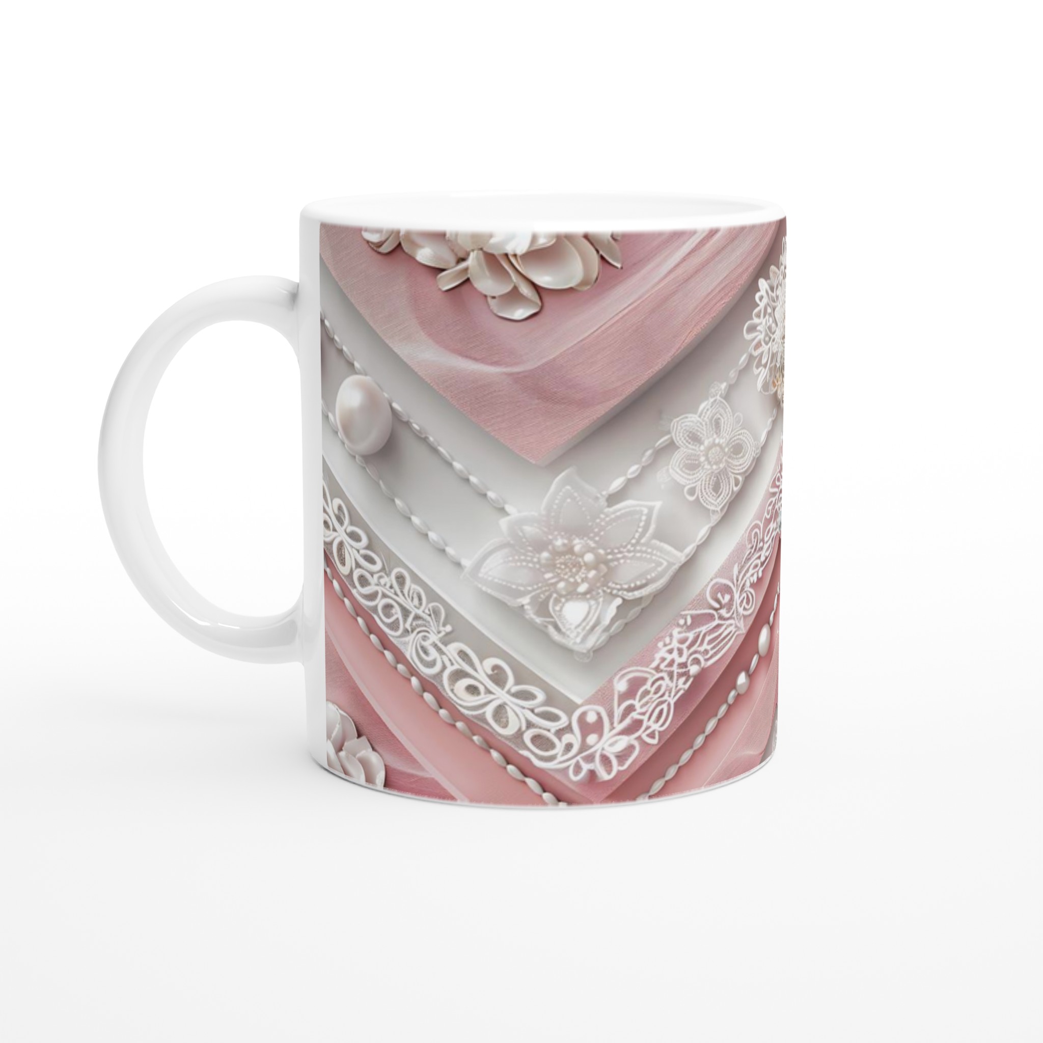 Vit 11oz keramisk mugg med elegant rosa och pärlinspirerat mönster – välj din favoritfärg 1 711d1714-6c91-4472-a69a-e51d18794d5f