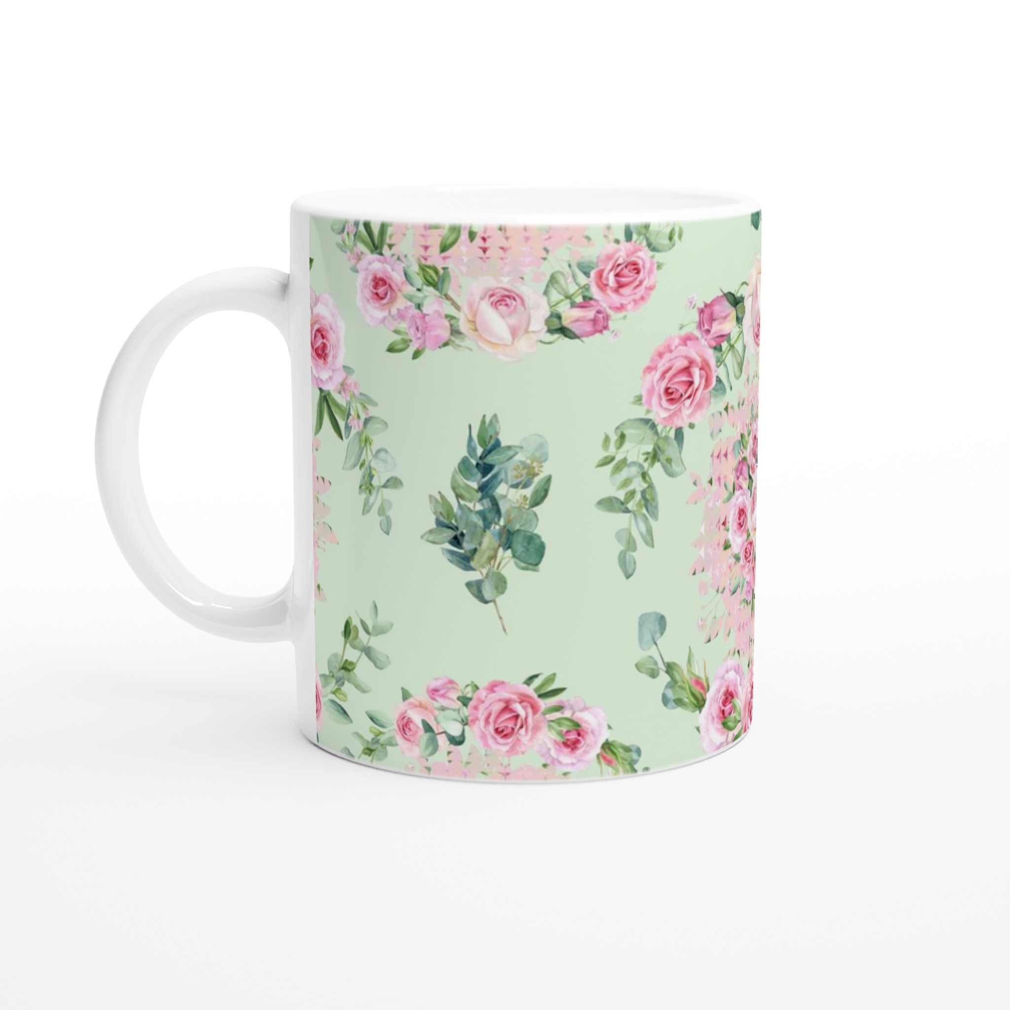 Vit 11oz keramisk mugg med romantiskt blomstertryck i mjuka pasteller 1 713d85b2-f3be-4926-9a10-f89809061931