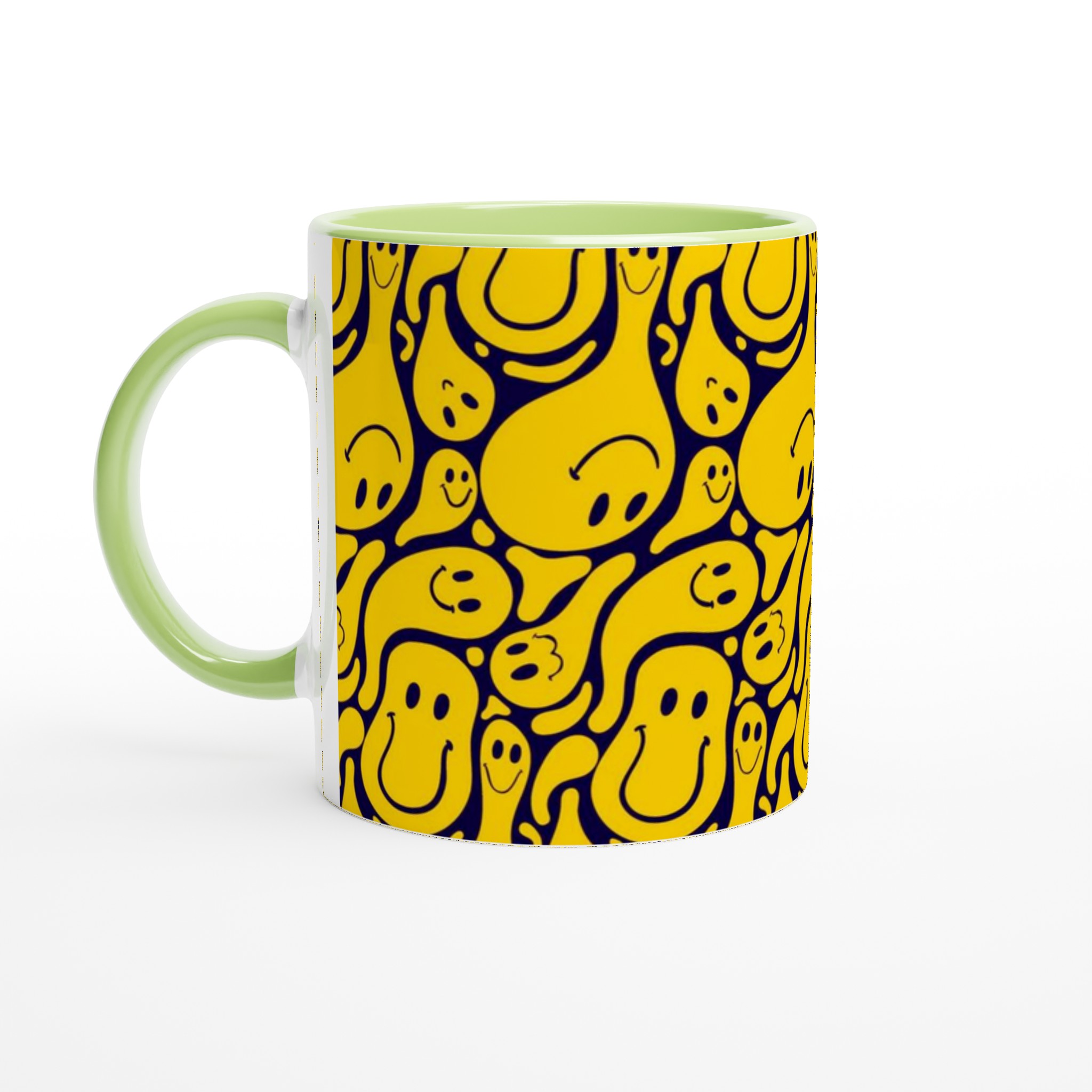 Vit 11oz keramisk mugg med lekfulla gula smileys – välj bland sju livfulla färger 7 721b41e0-b245-41da-b4ca-e36049a31f25