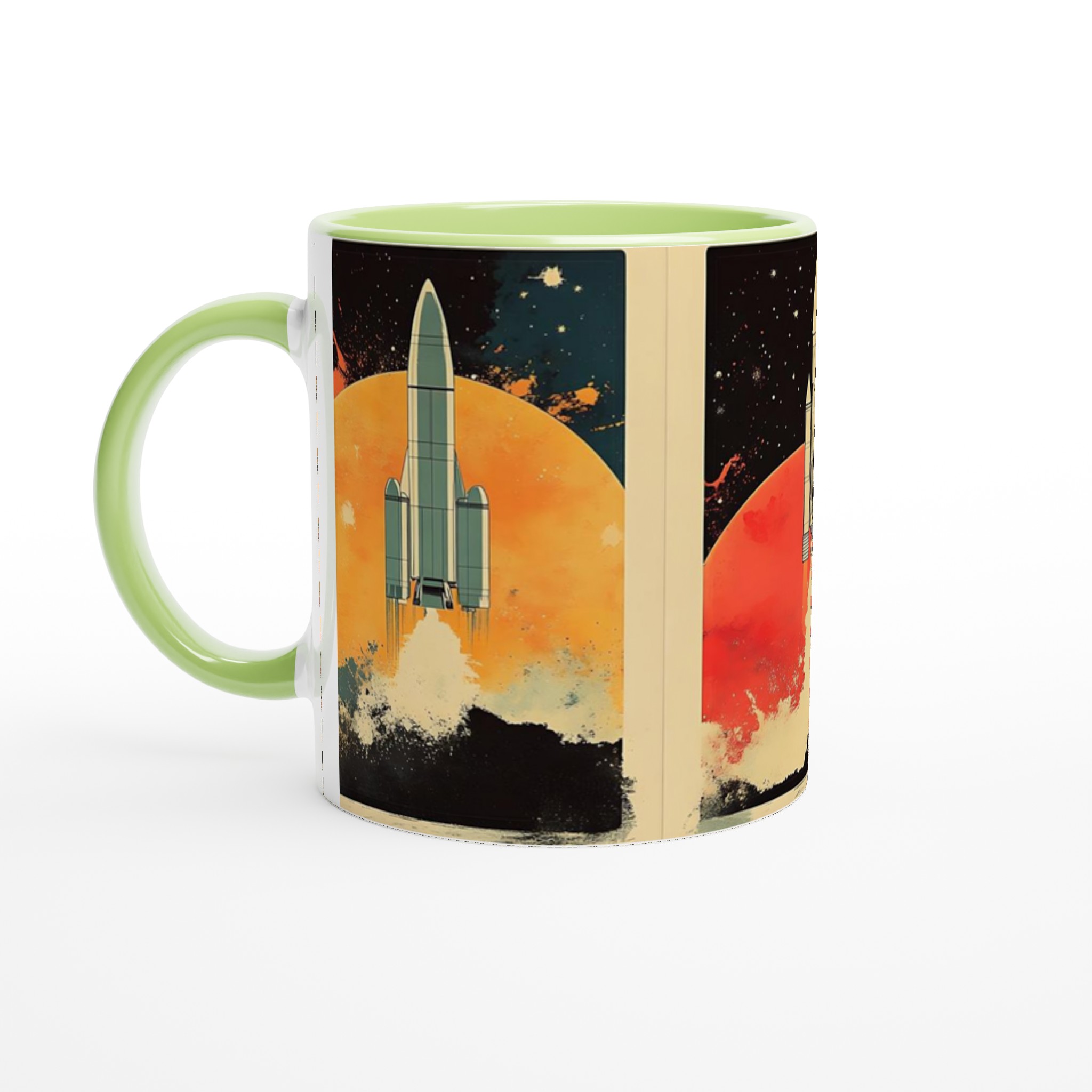 Retro Space Odyssey Mugg – 11oz Keramisk Mugg med Raketmotiv och Starka Kontraster 7 72222a33-90be-4e73-b3c1-8c18cc46f45e