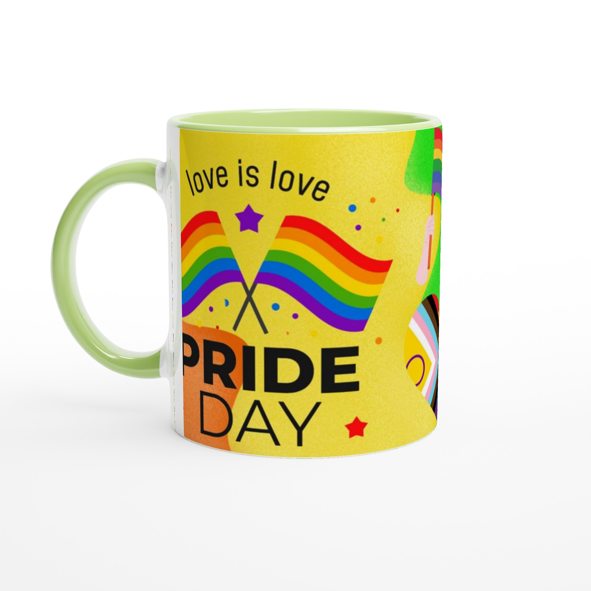 Vit 11oz keramisk mugg med färgstarkt Pride Day-motiv – välj bland sju livfulla färger 7 72466853-ef64-4456-aa7a-b56a9b889a1b