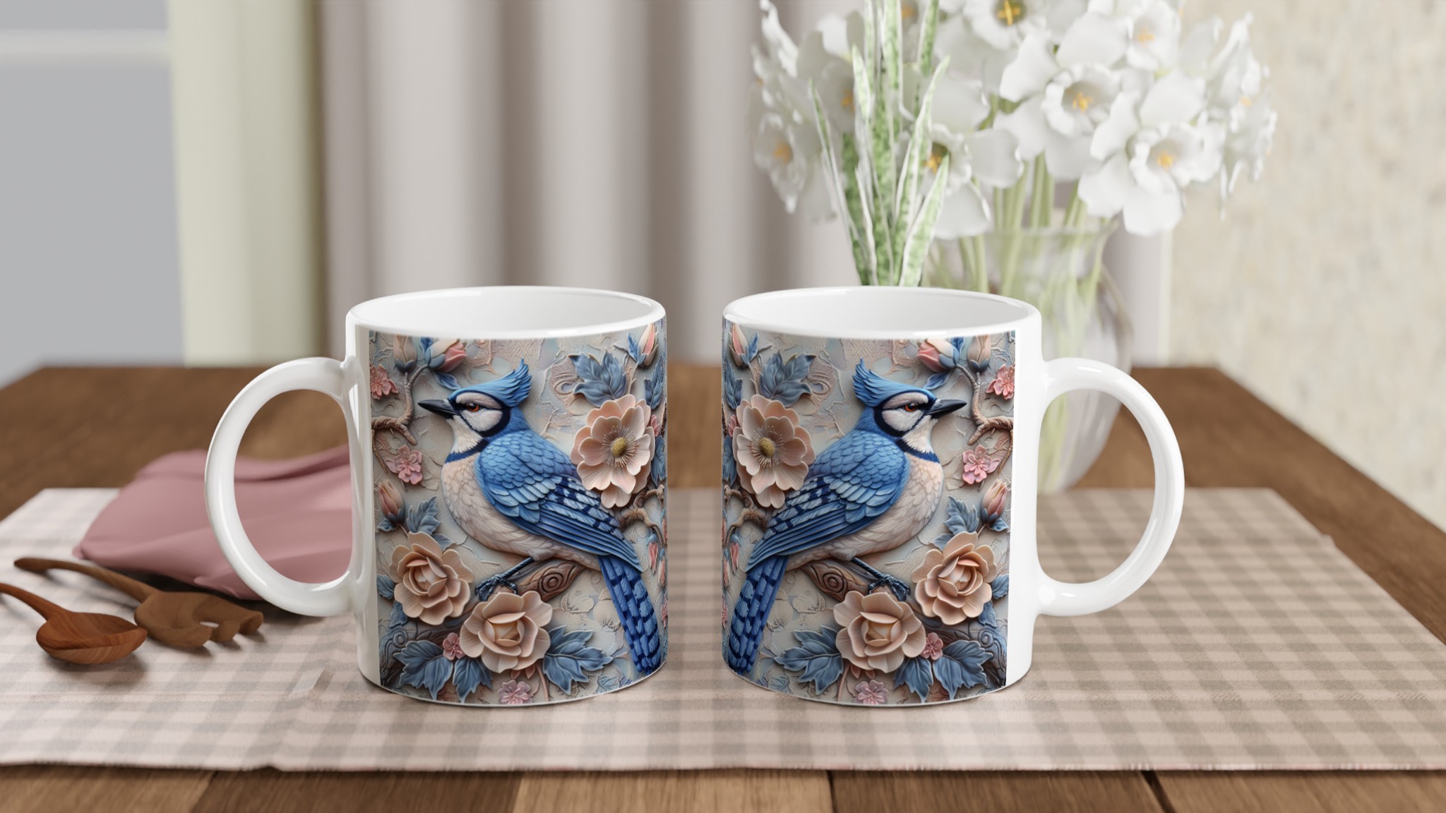 Vit 11oz keramisk mugg med elegant blåskrikfågel och blomsterdesign i mjuka pasteller 10 72640f68-54df-4d47-837a-d584493300d8