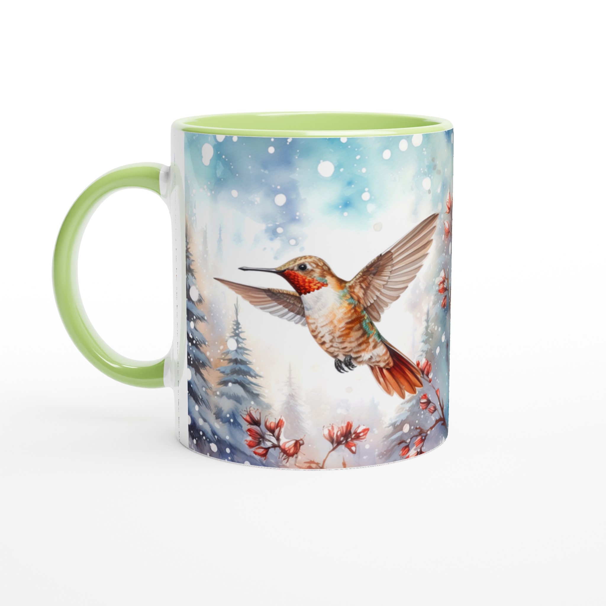 Vit 11oz keramisk mugg med vinterinspirerad kolibri och blomma - välj din favoritfärg 7 73300d44-3e63-4720-ac2c-bab356c50571