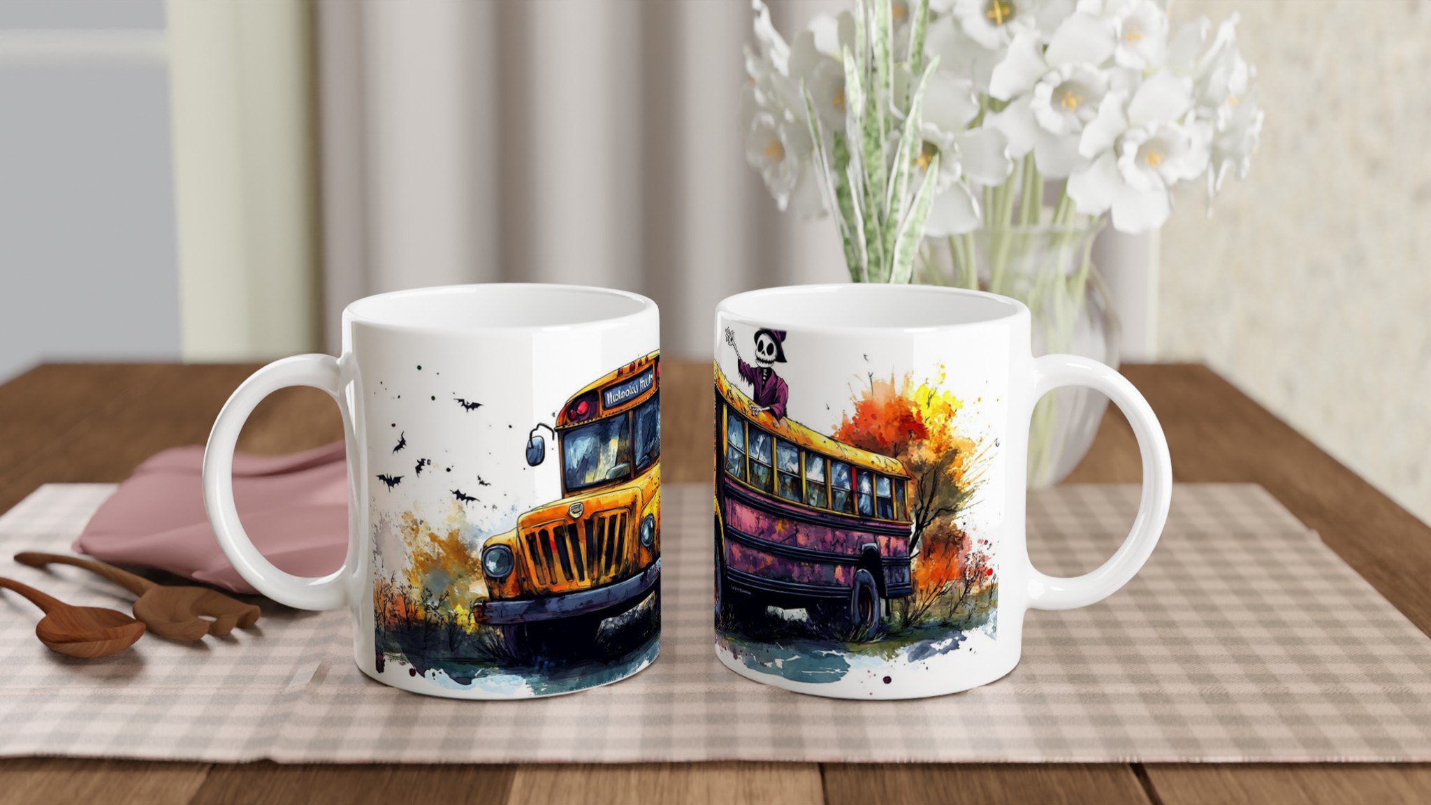 Mystisk Skolbuss Halloween Mugg – Skelett på Spökfärd i Akvarellstil, 11oz Keramikmugg 10 736e6efe-7d04-40ac-aa37-4e39d7fbd1ca