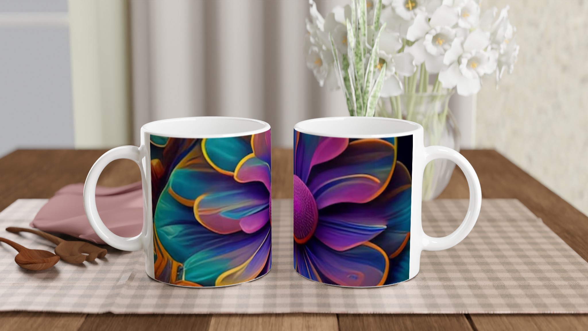 Vit 11oz keramikmugg med färgstark blomsterdesign – välj bland sju levande färger 10 75a55e23-4180-47e9-a1e6-752ed216be17