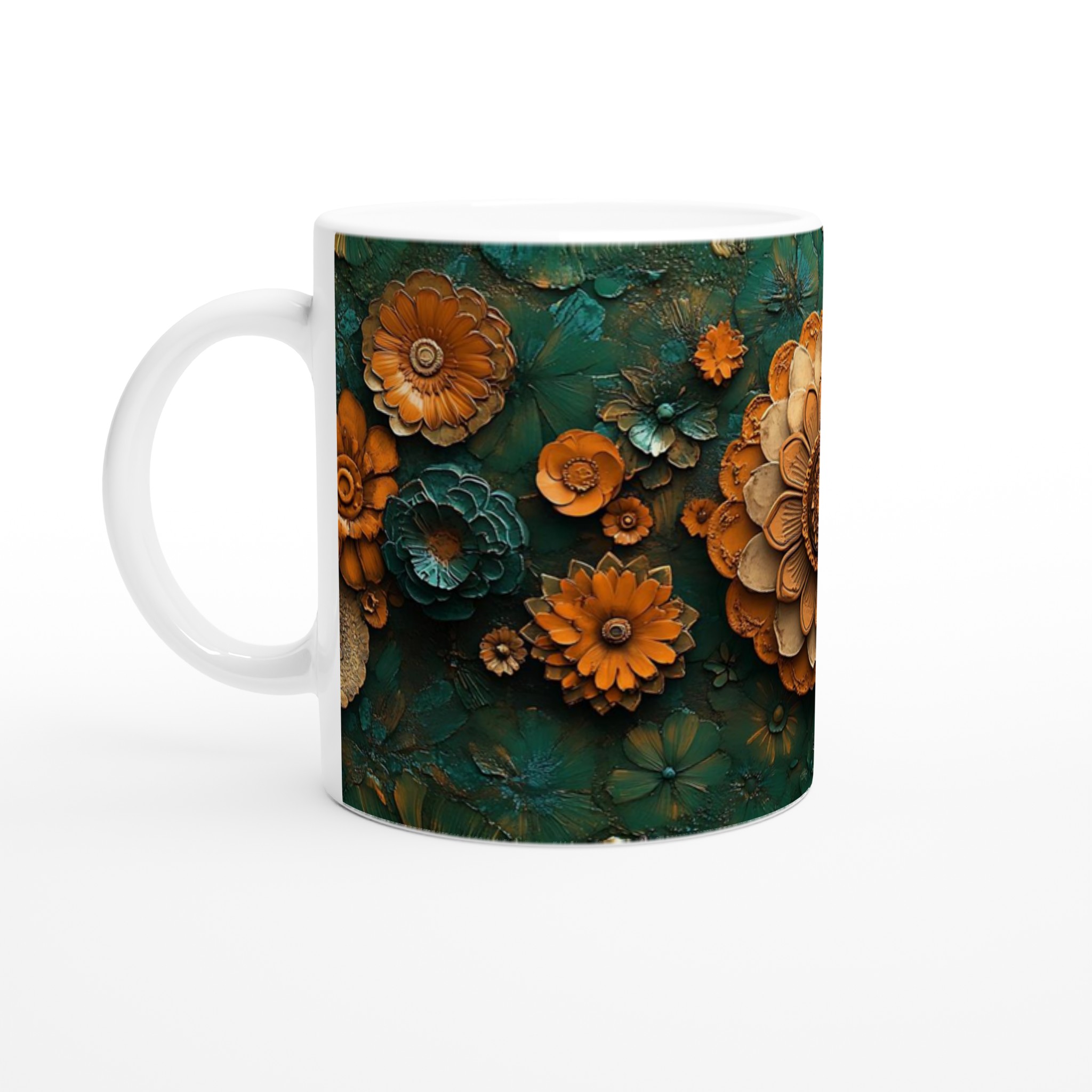 Mönstrad 11oz Keramisk Mugg - Blommönster i Bränd Orange och Teal 1 7623600f-6ce8-4709-a605-6ee1dde0bc41