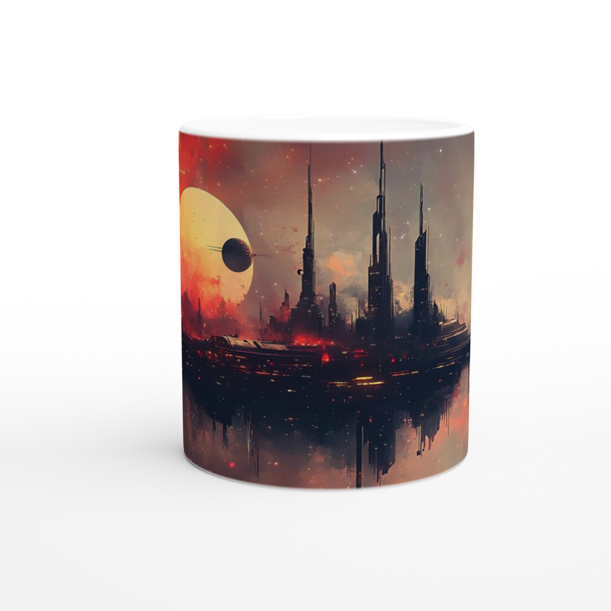 Futuristisk Stadsmugg: Sci-Fi Landskap & Eldig Himmel – 11oz Keramikmugg i Valfri Färg 8 77c45c13-e2c0-4238-8ada-bb3b43dbe723