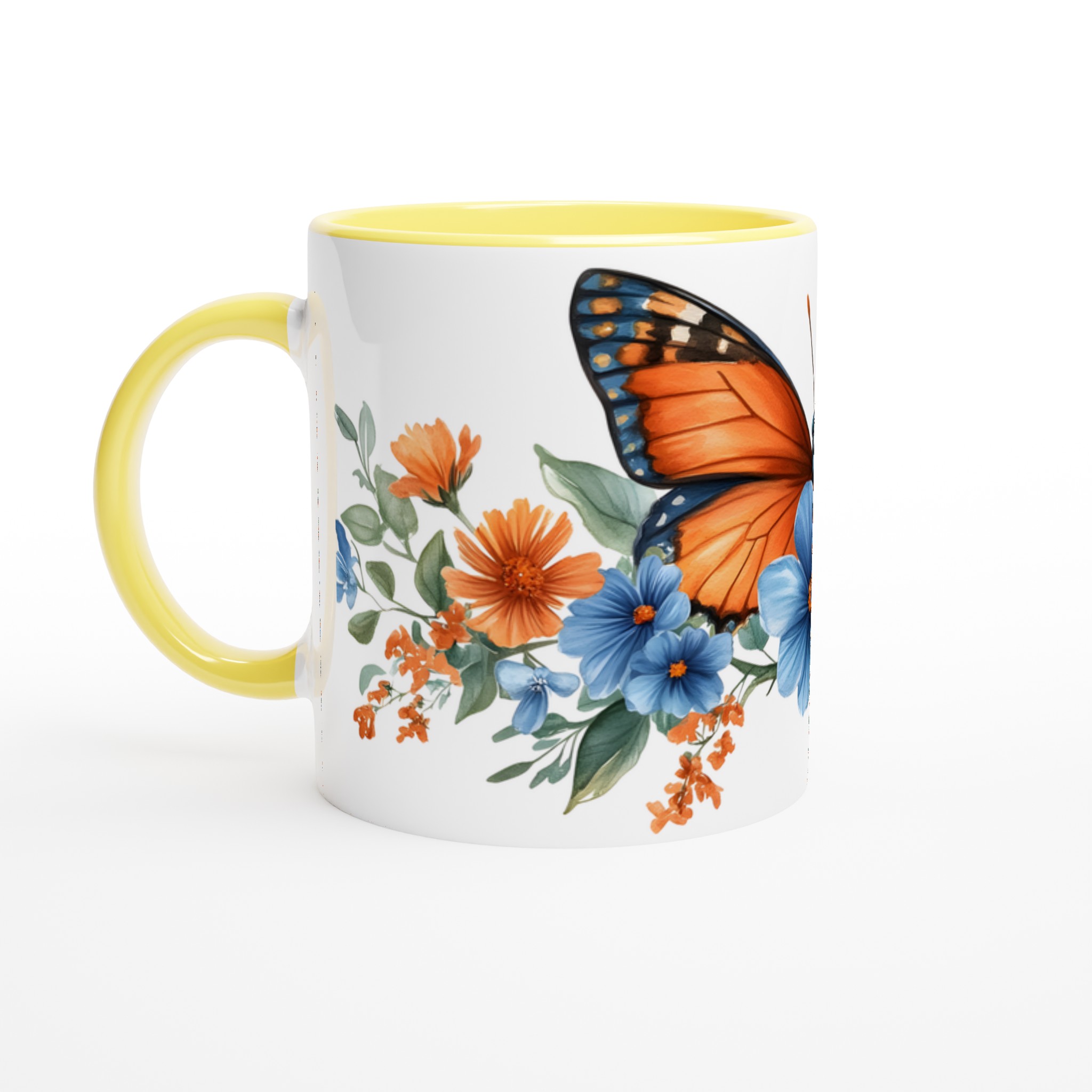 Fjärilsdröm Keramikmugg - Livfull Akvarelldesign med Blå & Orange Blommor – Välj Bland 7 Färger! 3 77dafc01-a823-488b-842a-f475cfa0383e
