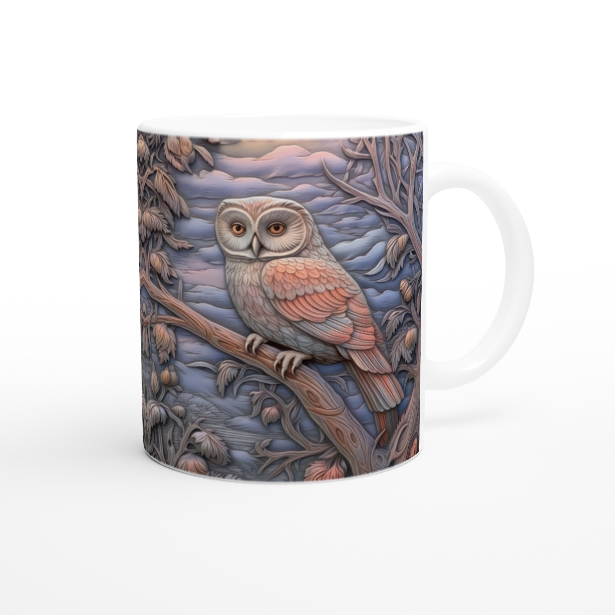 Vit 11oz keramisk mugg med konstnärligt ugglemotiv i mjuka pastelltoner – välj din favoritfärg 9 7849064c-5d3b-4f6d-a00c-d13e01d579c0