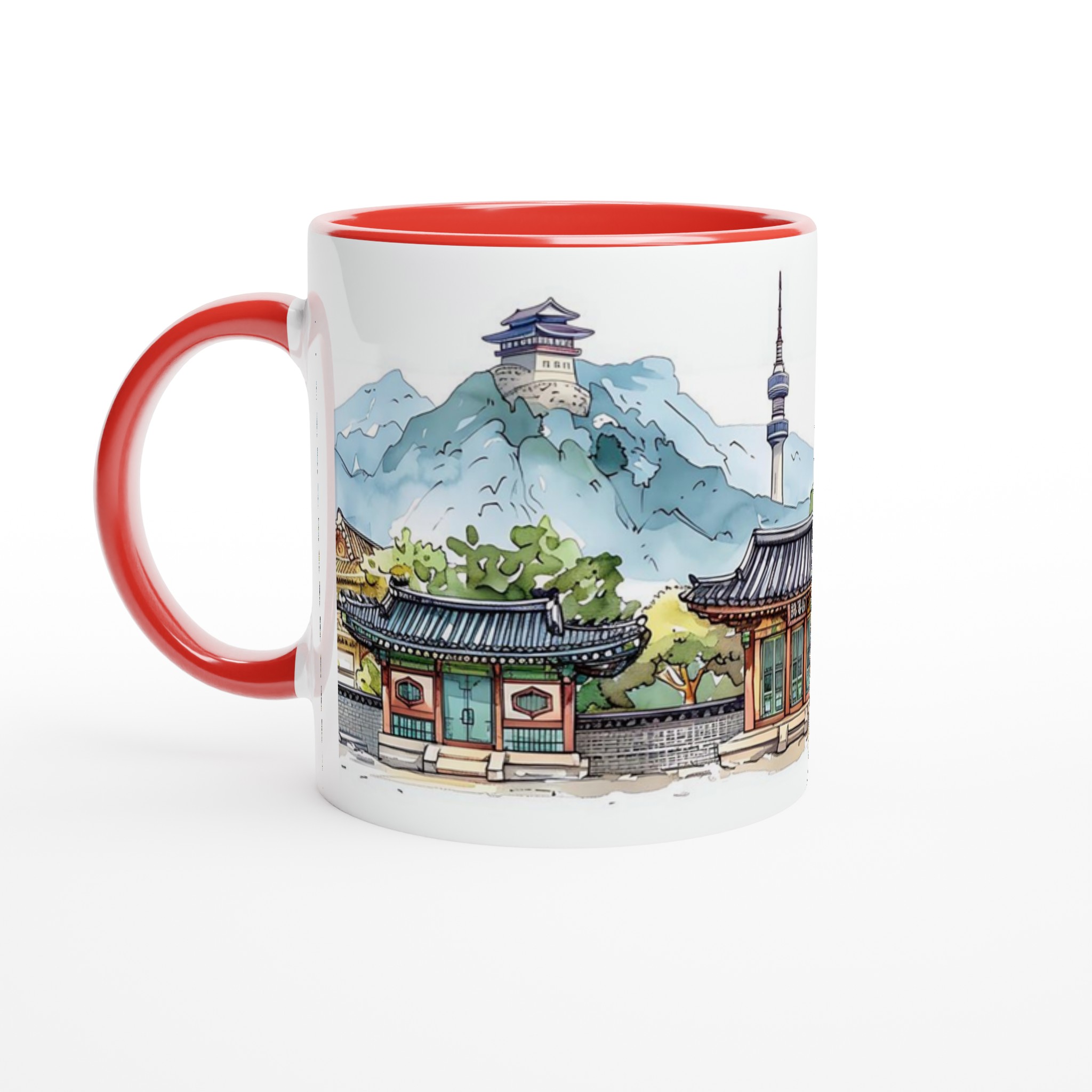 Seoul Skyline Akvarellmugg – Koreansk Arkitektur & Bergmotiv, 11oz Keramisk Mugg i Valfri Färg 5 788a6c25-c34a-4349-92c6-f059d1d77742