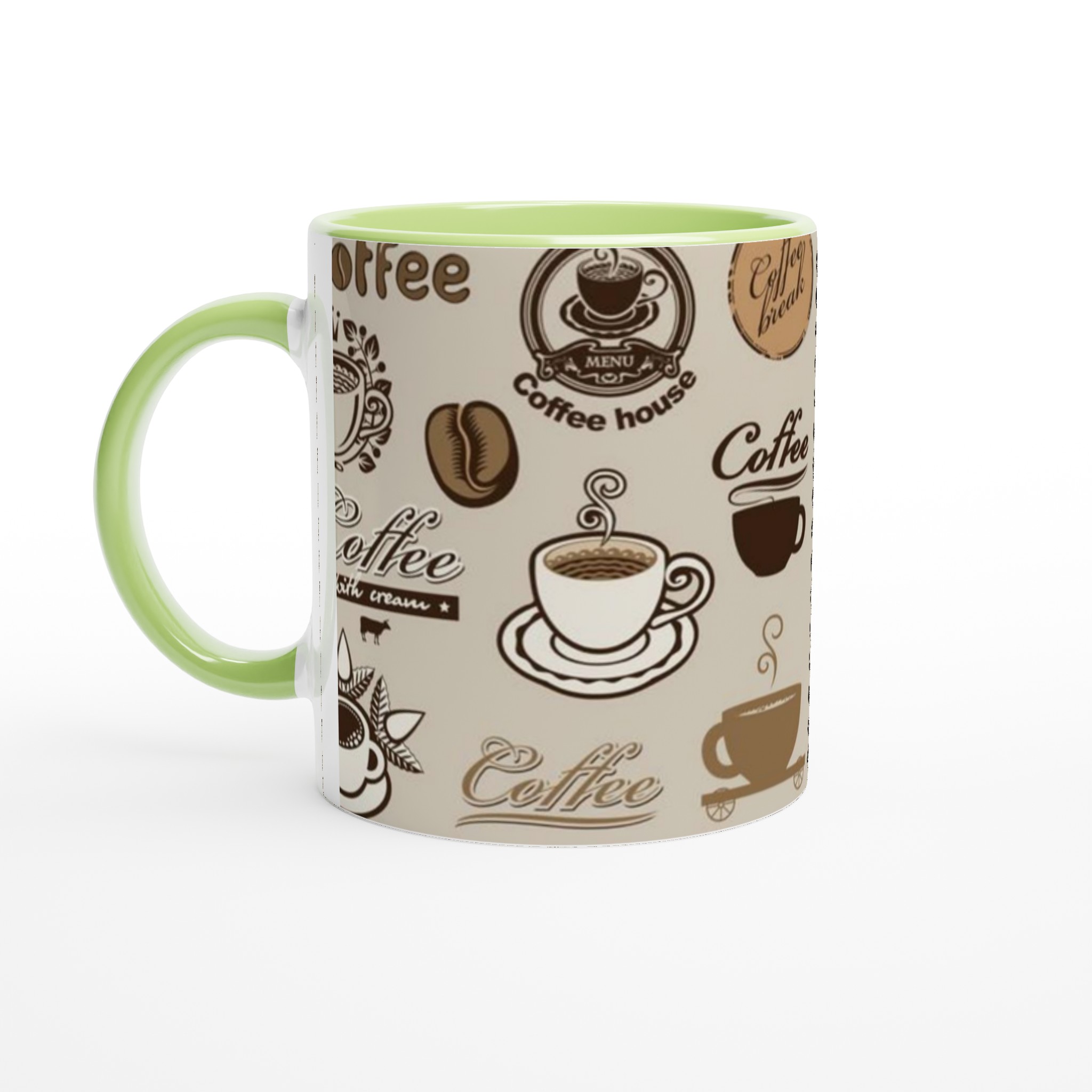 Vit 11oz keramisk mugg med klassiska kaffemotiv i bruna toner – välj bland sju färger 7 78a54b08-3bcd-409c-9694-8a5599154c82