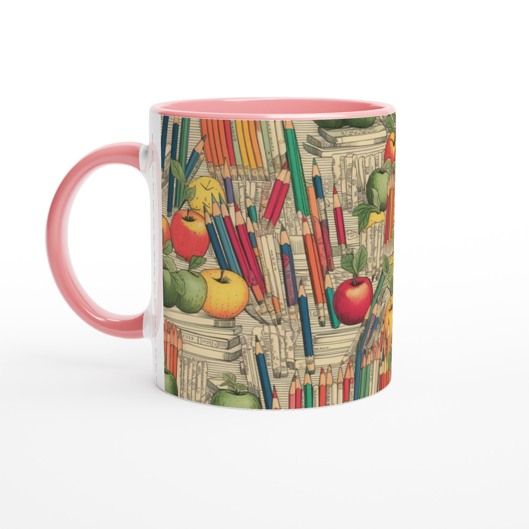 Vit 11oz keramisk mugg med färgglad bok- och äppelmönster i valfri keramikfärg 6 790313f9-52fb-4860-a971-180ac93ac05e