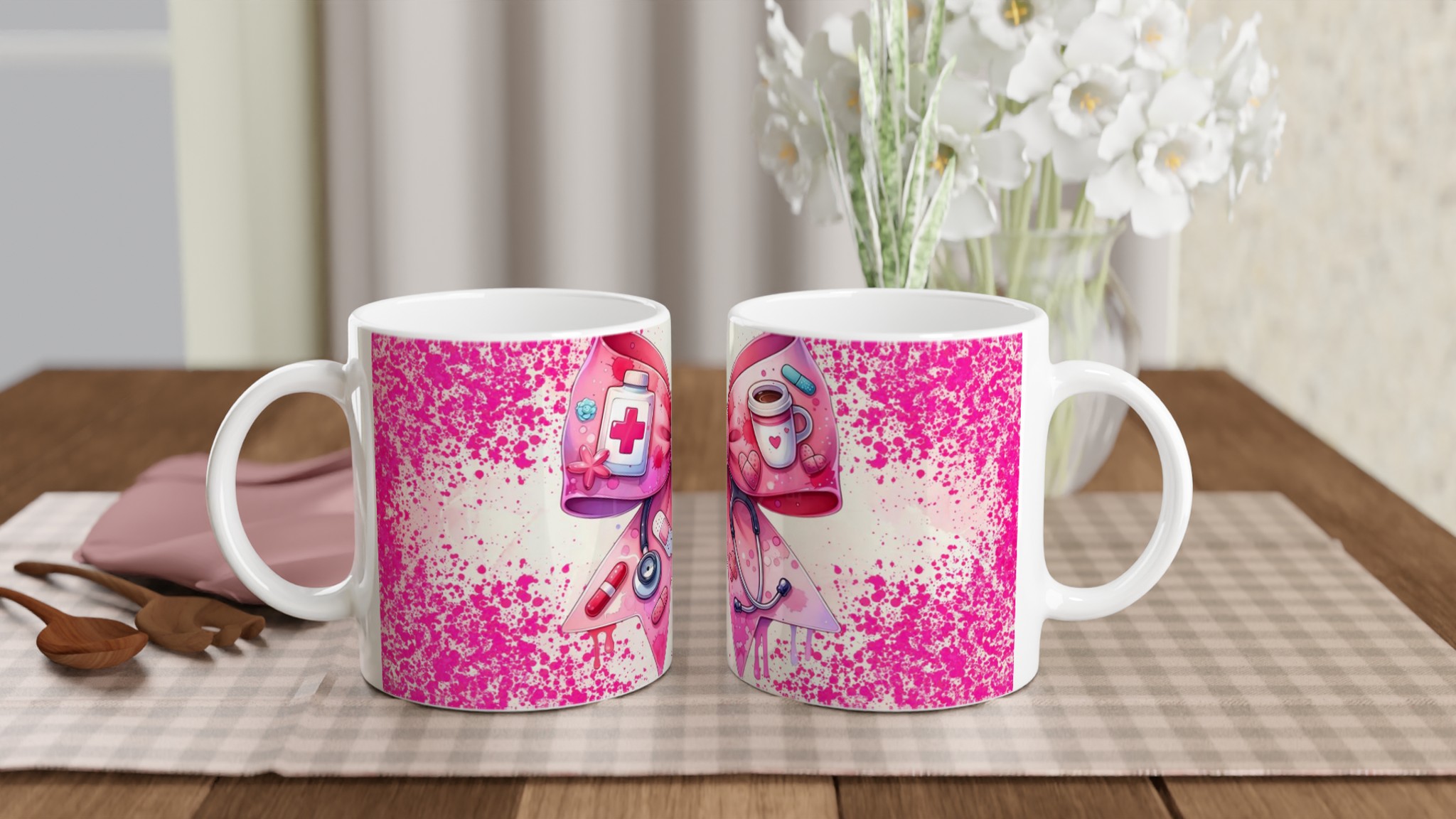 Vit 11oz keramisk mugg med rosa vårdhjälte-design – välj bland sju färgstarka keramikalternativ 10 798918bc-27ce-4189-9d00-970825cbc70e