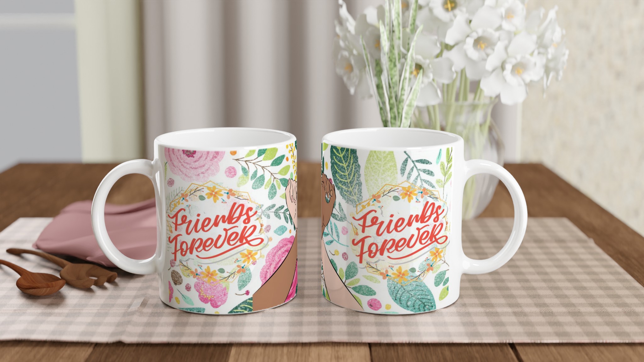 Vit 11oz keramisk mugg med "Friends Forever" blomsterdesign – välj din favoritfärg för personlighet 10 79ad455e-117a-4cbd-9a0b-990e22d6c7d4