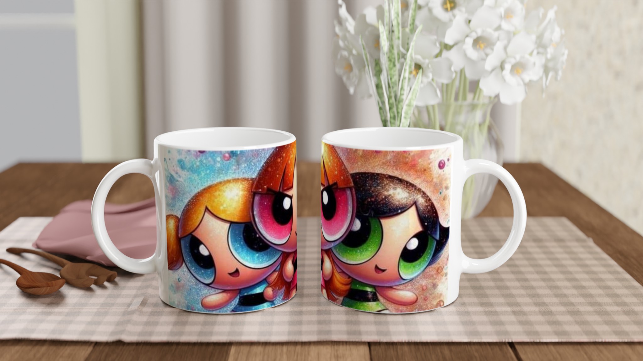 Vit 11oz keramisk mugg med kraftfullt Powerpuff Girls-tryck i livfulla färger 10 79de25db-82f3-4af1-aedc-f23e6c3875c7