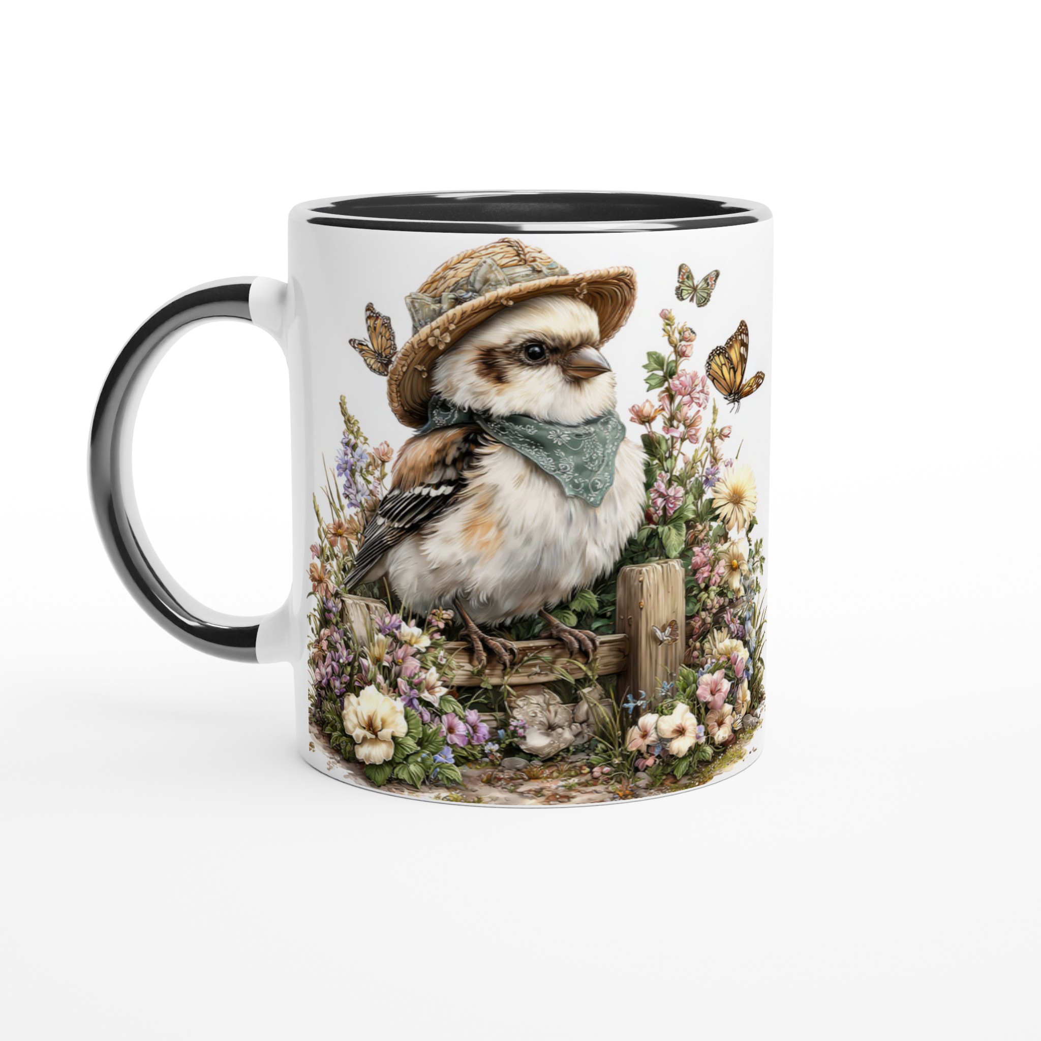 Vit 11oz keramisk mugg med charmig fågelhatt och blomsterdesign – välj din favoritfärg 4 7a1072c9-572f-4c61-a987-e740ddf689af