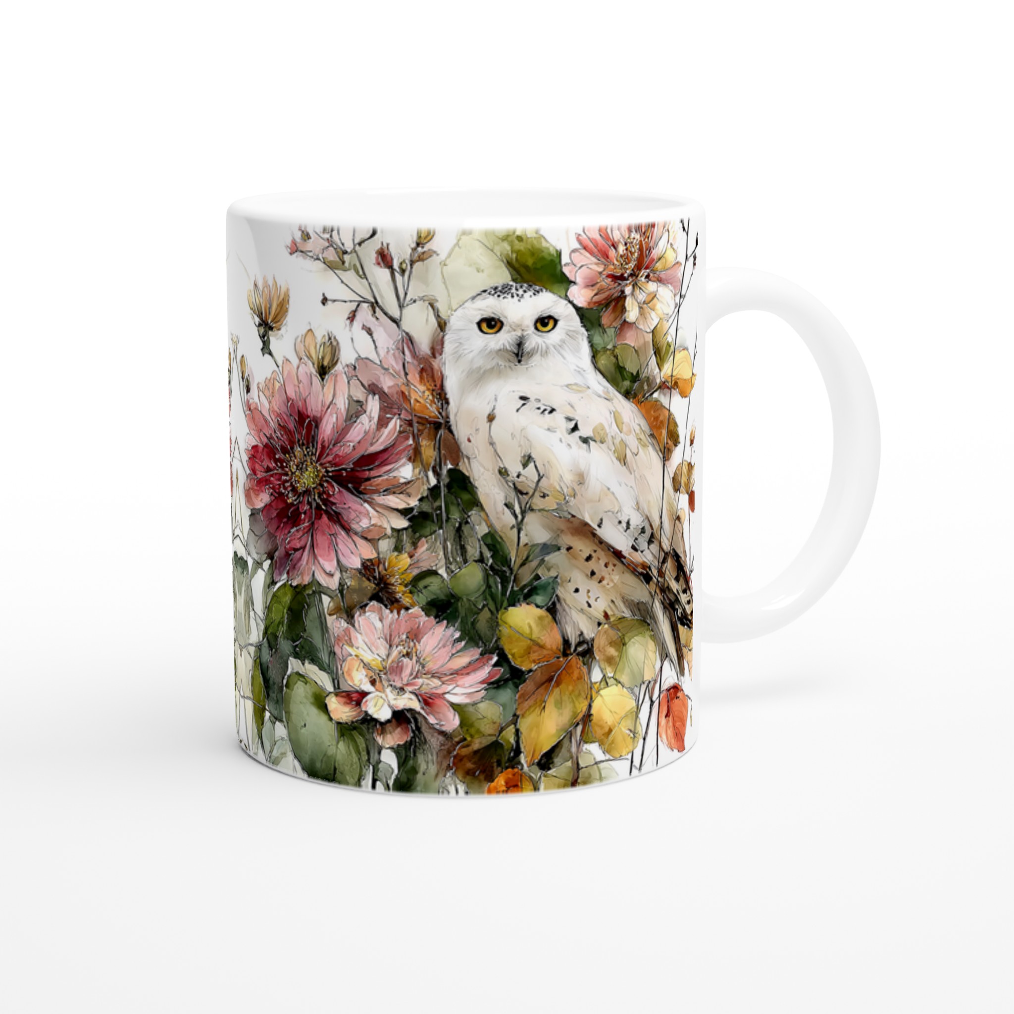 Vit 11oz keramisk mugg med elegant uggla och blommönster – välj din favorit bland sju färger 9 7a234585-8e2c-4a30-a31b-4fc1bf72f26c