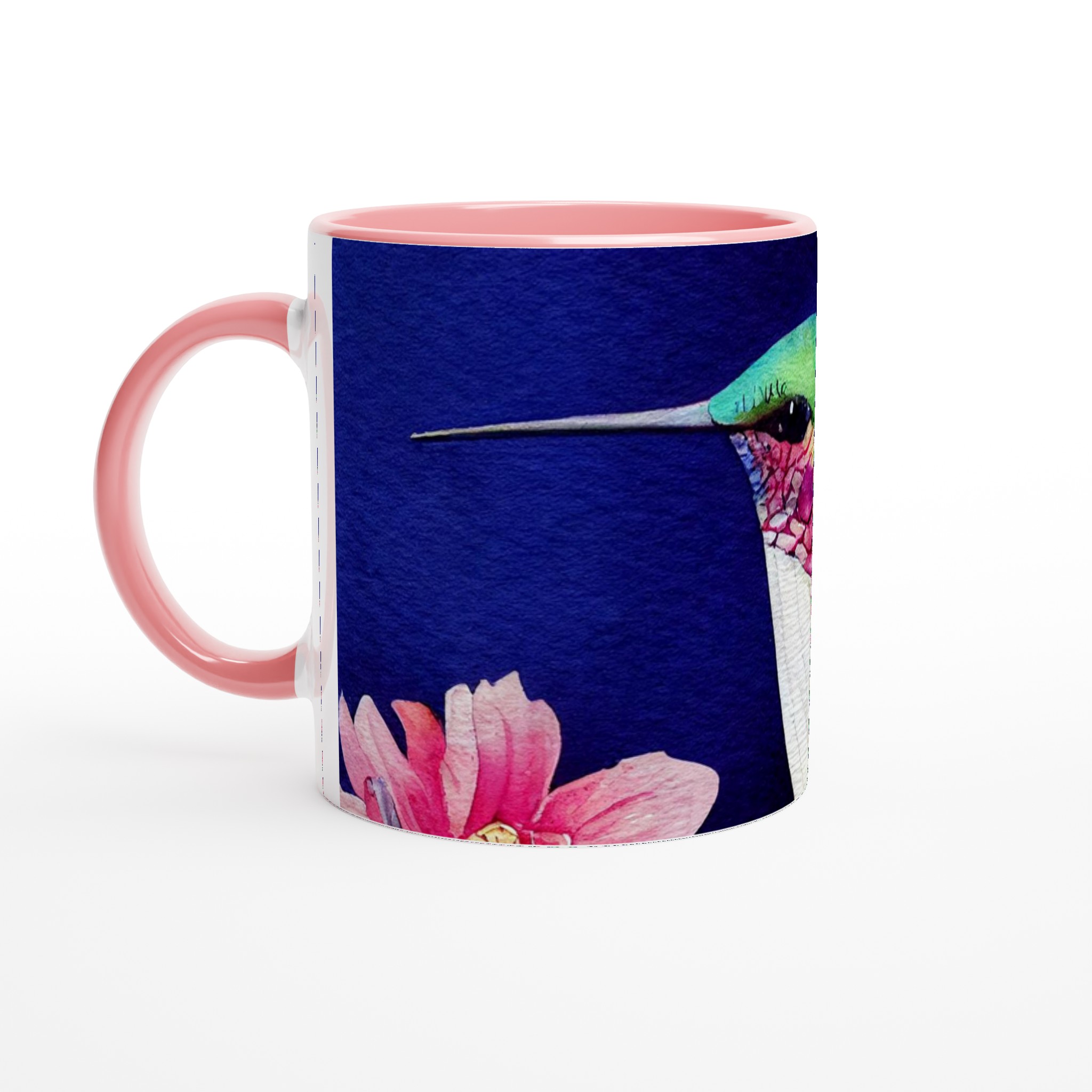 Vit 11oz keramisk mugg med färgstarkt kolibri- och blomtryck i ditt val av sju unika keramfärger 6 7a3ded73-a388-4528-ab29-316665c8c61f