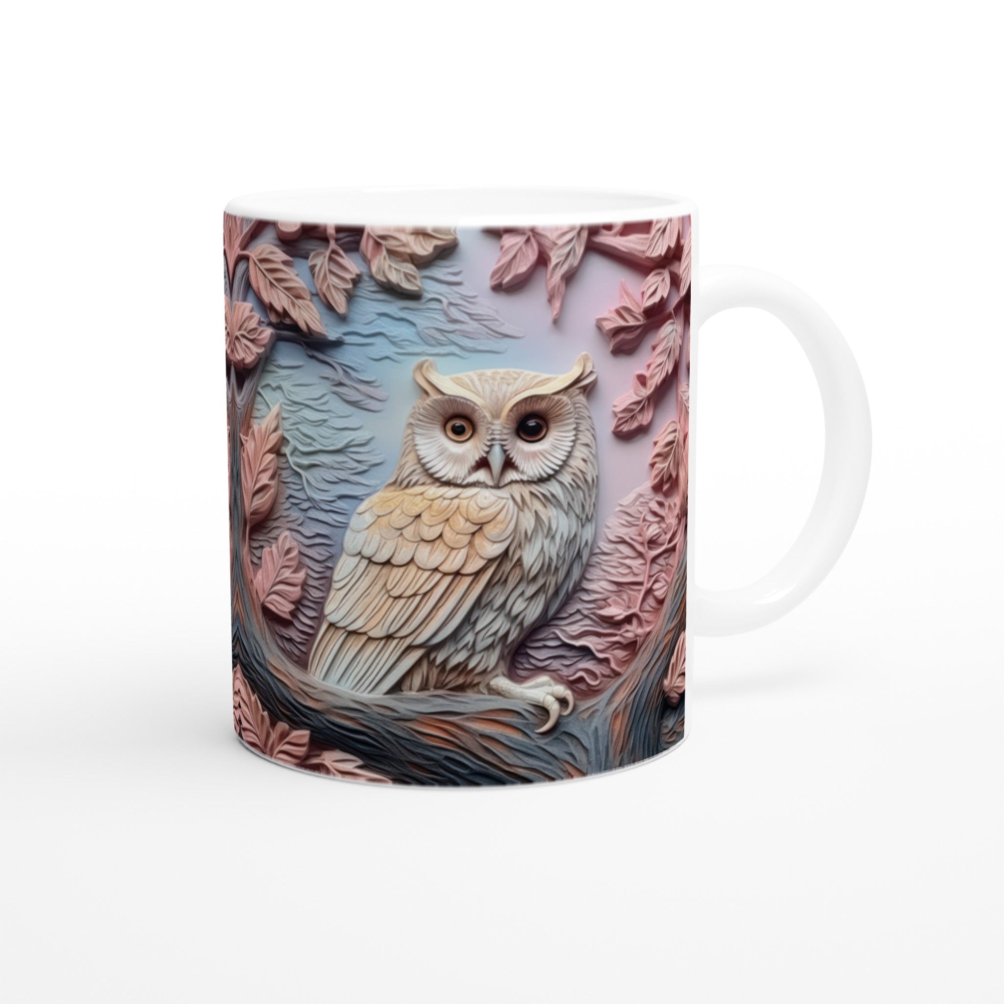 Vit 11oz keramisk mugg med elegant ugglemotiv i dämpade pastelltoner – välj din favoritfärg 9 7af56240-1213-4305-8352-c13ce945865a