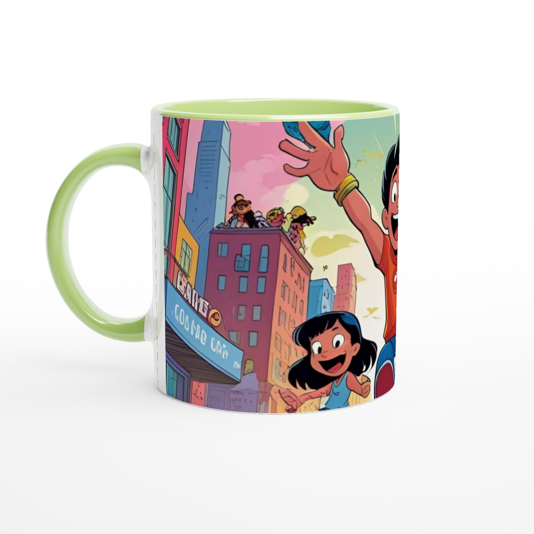 Vit 11oz keramisk mugg med livfulla, lekfulla stadsäventyr – välj din favoritfärg 7 7afea13f-8efd-492a-930c-4dcc0ba84c88