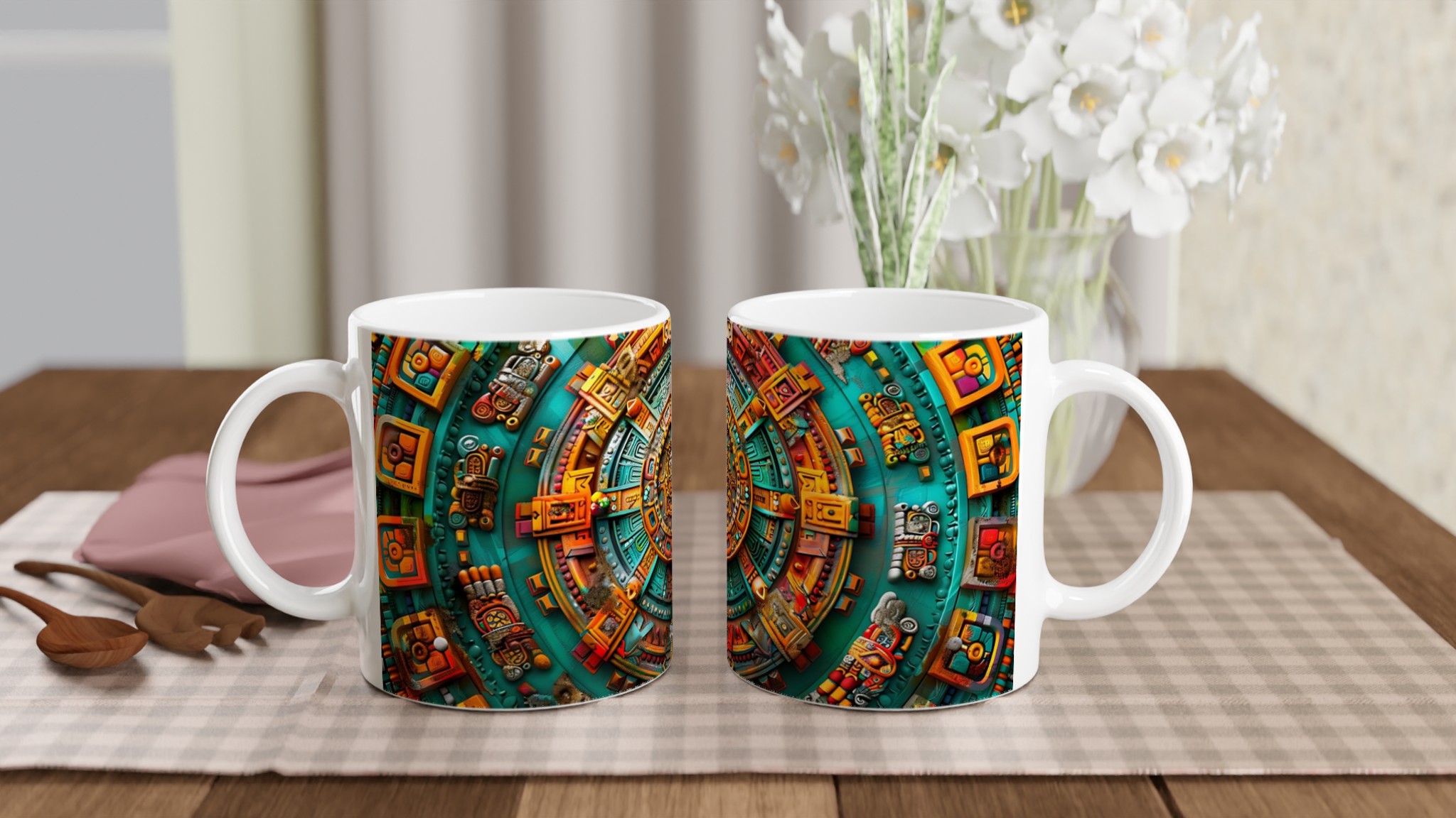 Vit 11oz keramisk mugg med färgstarkt aztekiskt mönster – välj bland sju unika färger 10 7b03f59e-a7cb-4248-abac-7760ce025cb5