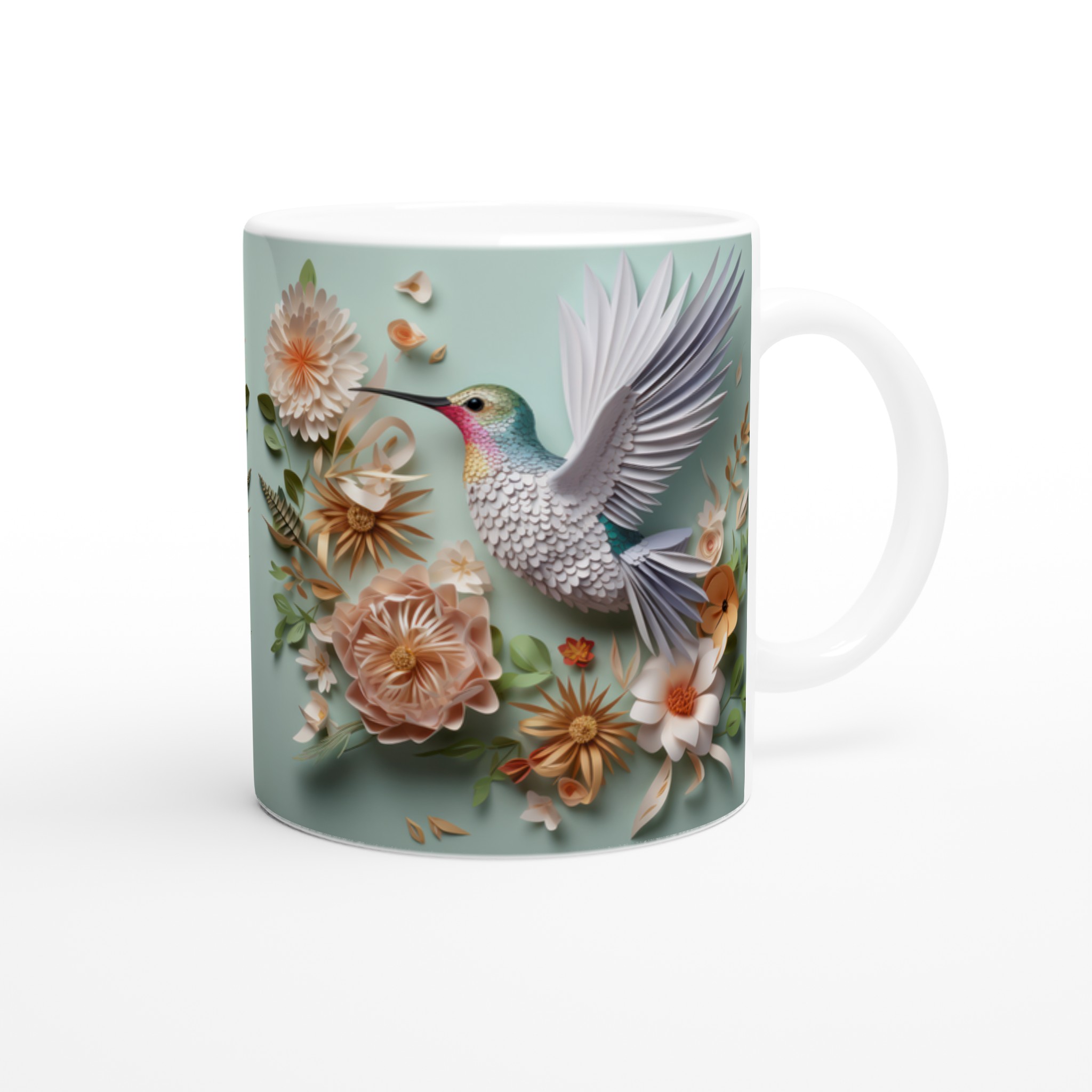 Vit 11oz keramisk mugg med elegant kolibri- och blomstertryck i mjuka pastelltoner 9 7c27b909-9dea-4223-8ba2-251f727ad1c7