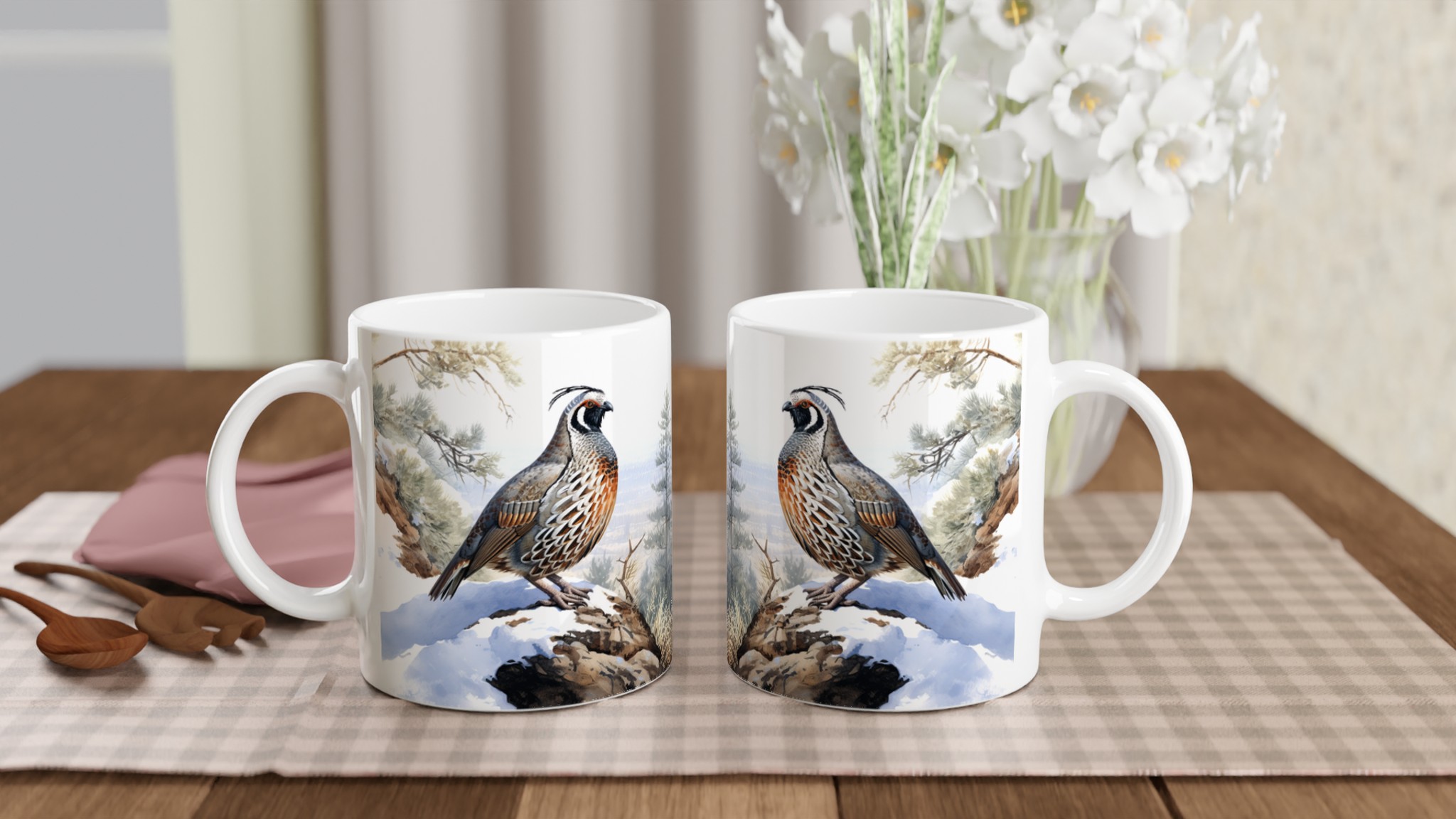Vit 11oz keramisk mugg med elegant vildfågelmotiv i naturskön palett – välj din favoritfärg 10 7c285ed8-a29d-49f4-9217-3f4b67e37460