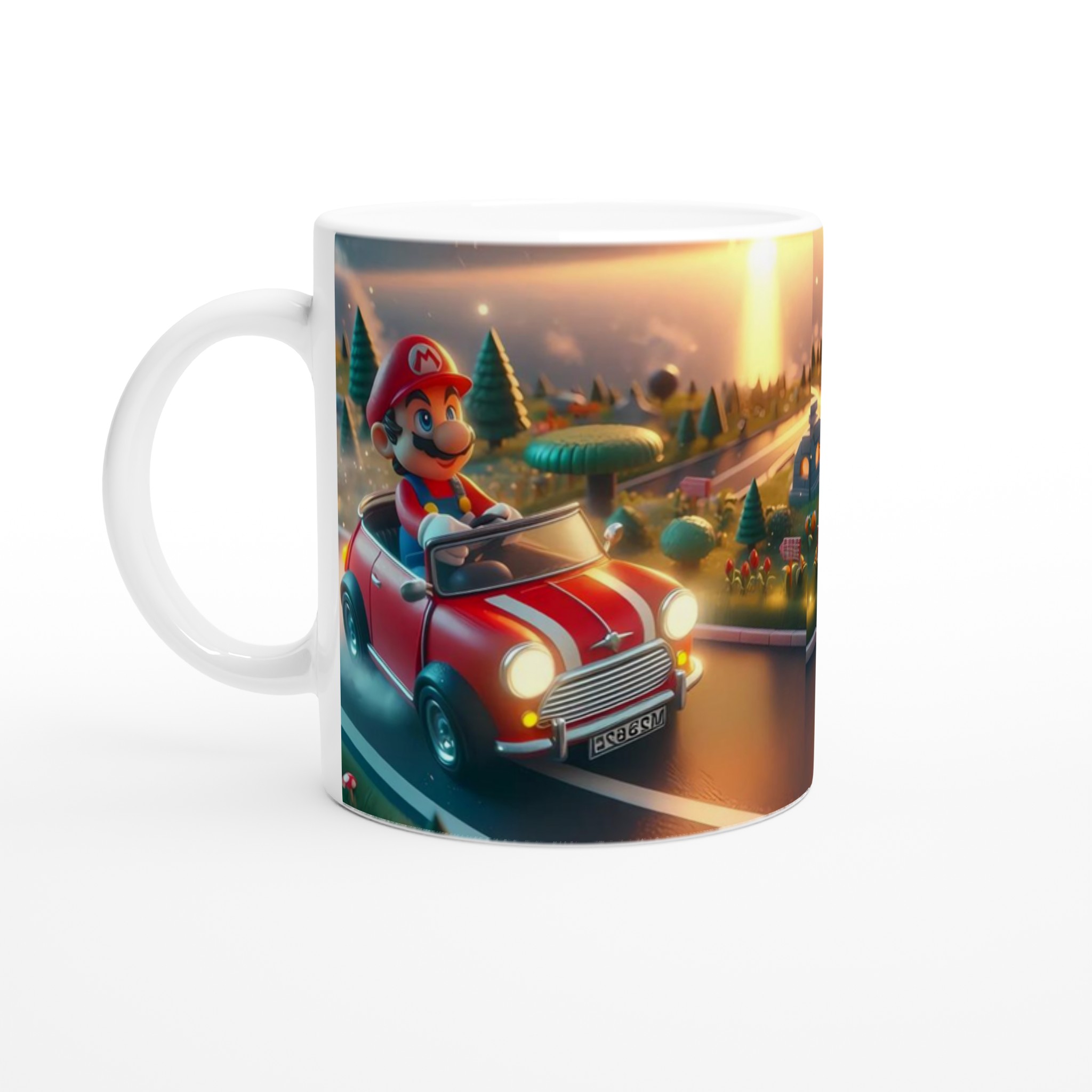 Vit 11oz keramisk mugg med lekfull racerbilsdesign i flera färgstarka nyanser 1 7d77171f-52d9-4438-91dc-681bba1889b1