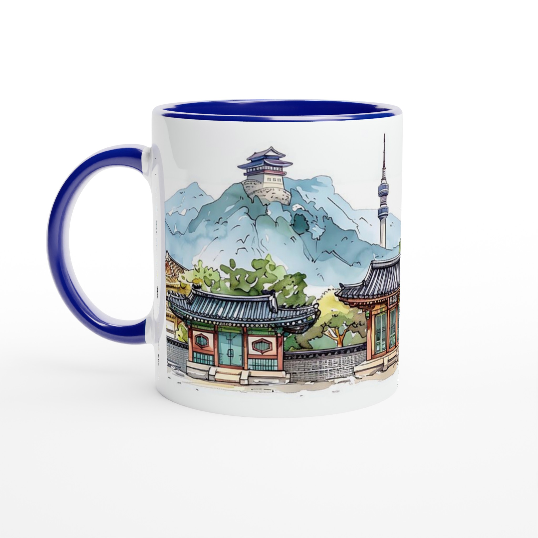 Seoul Skyline Akvarellmugg – Koreansk Arkitektur & Bergmotiv, 11oz Keramisk Mugg i Valfri Färg 2 7e429756-aa64-40a7-a8e4-0b6e5e7a9335