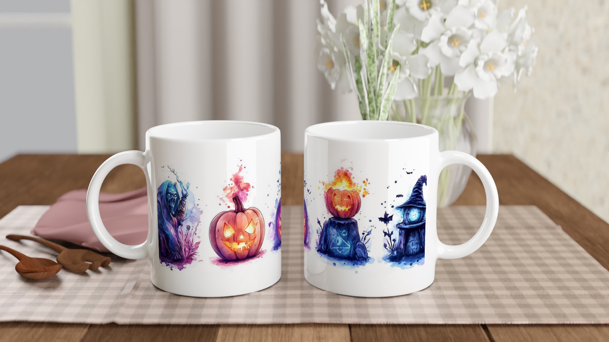Vit 11oz keramisk mugg med Halloween-inspirerade mystiska motiv i flera färger 10 7efec128-9986-4a33-abef-dba074ea341e