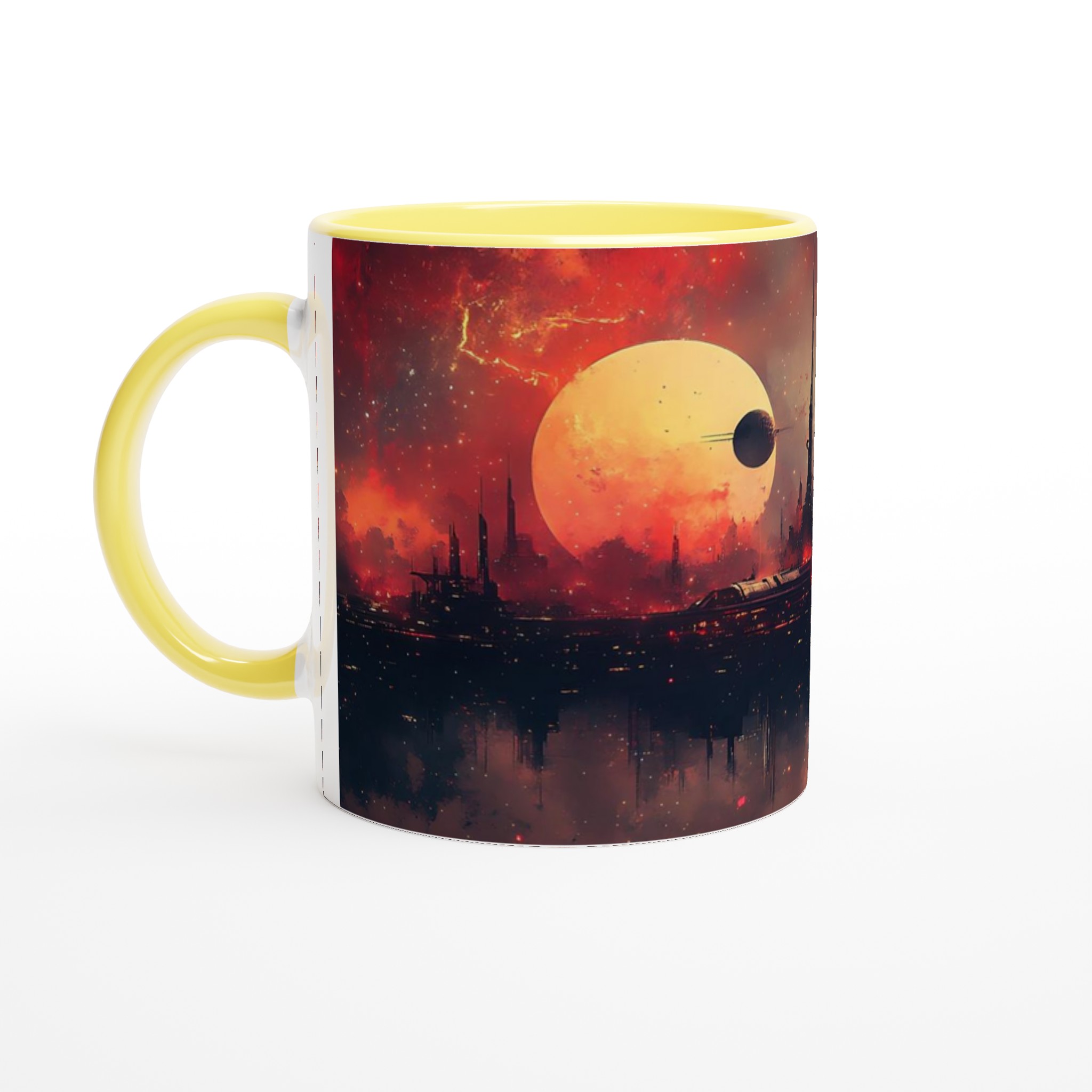 Futuristisk Stadsmugg: Sci-Fi Landskap & Eldig Himmel – 11oz Keramikmugg i Valfri Färg 3 7f16cb94-9384-4a3a-a7b7-95f6c6087852