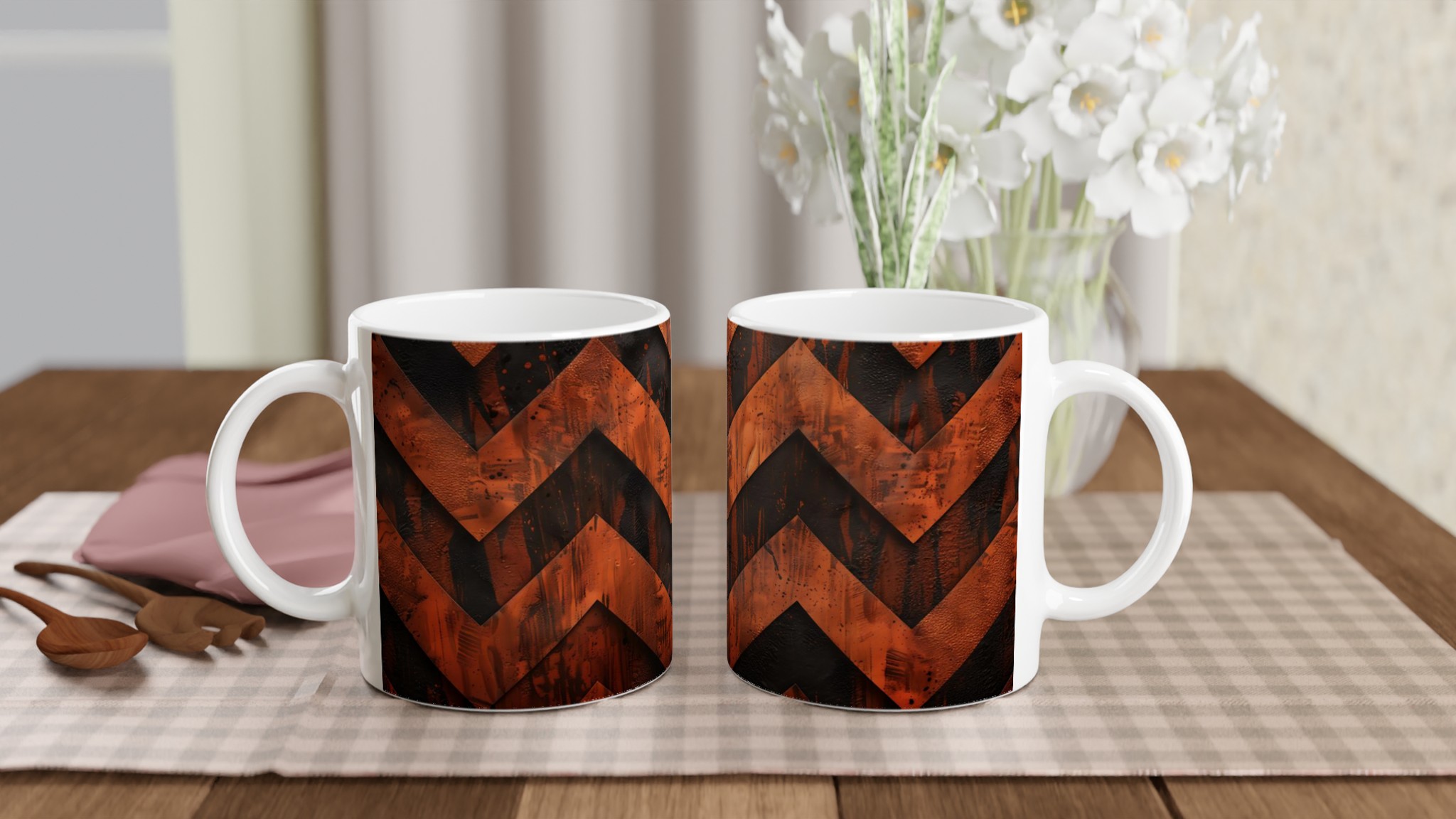 Vit 11oz keramisk mugg med djärv orange och svart zigzag-design – välj bland sju färgstarka keramiska nyanser 10 7f681d36-a644-48b7-8a57-87e3e970fc60