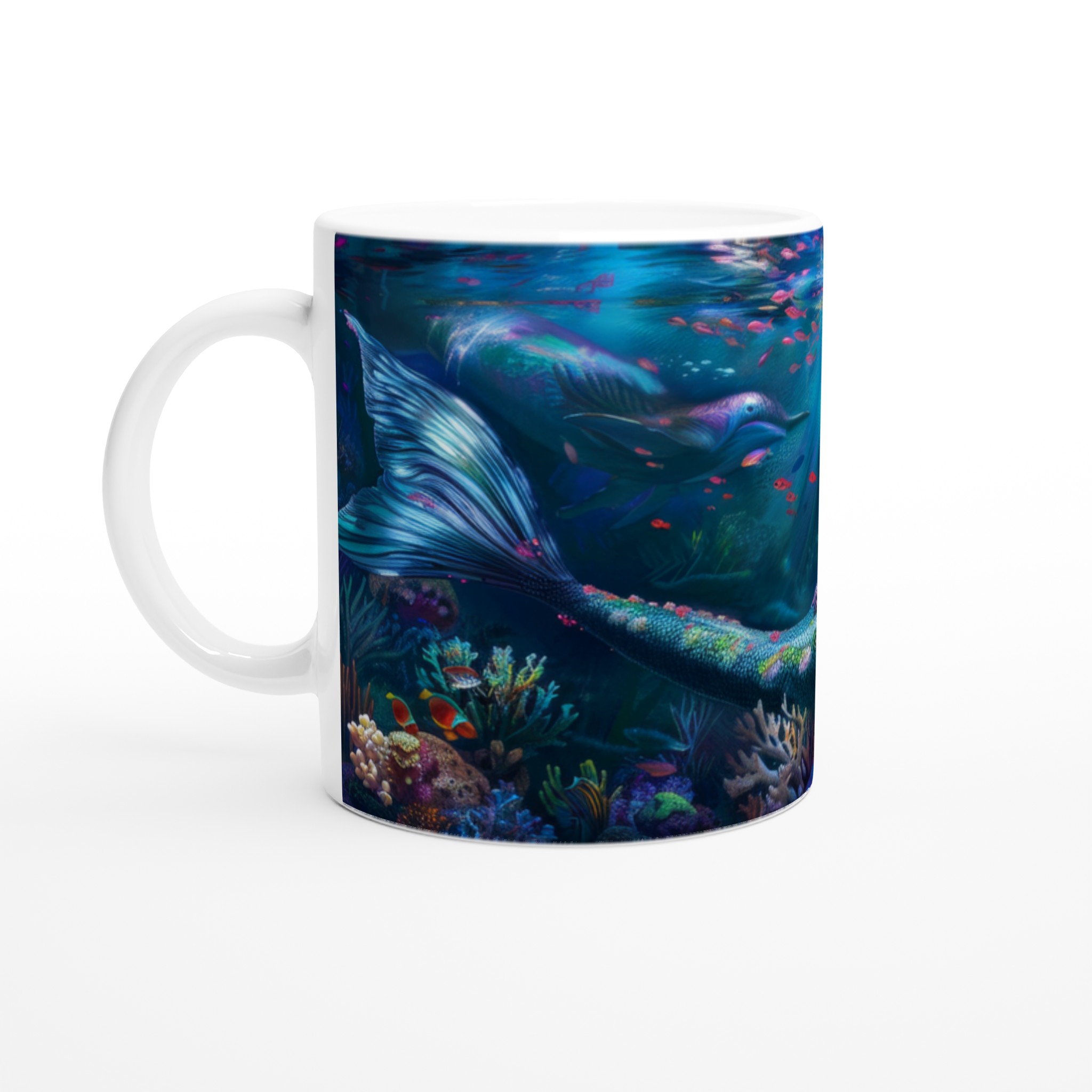 Vit 11oz keramisk mugg med fantasy-sjöjungfru i färgstarkt undervattenslandskap – välj din favoritfärg 1 7fb41b57-d7c9-45dc-82bb-1cb6998ca034