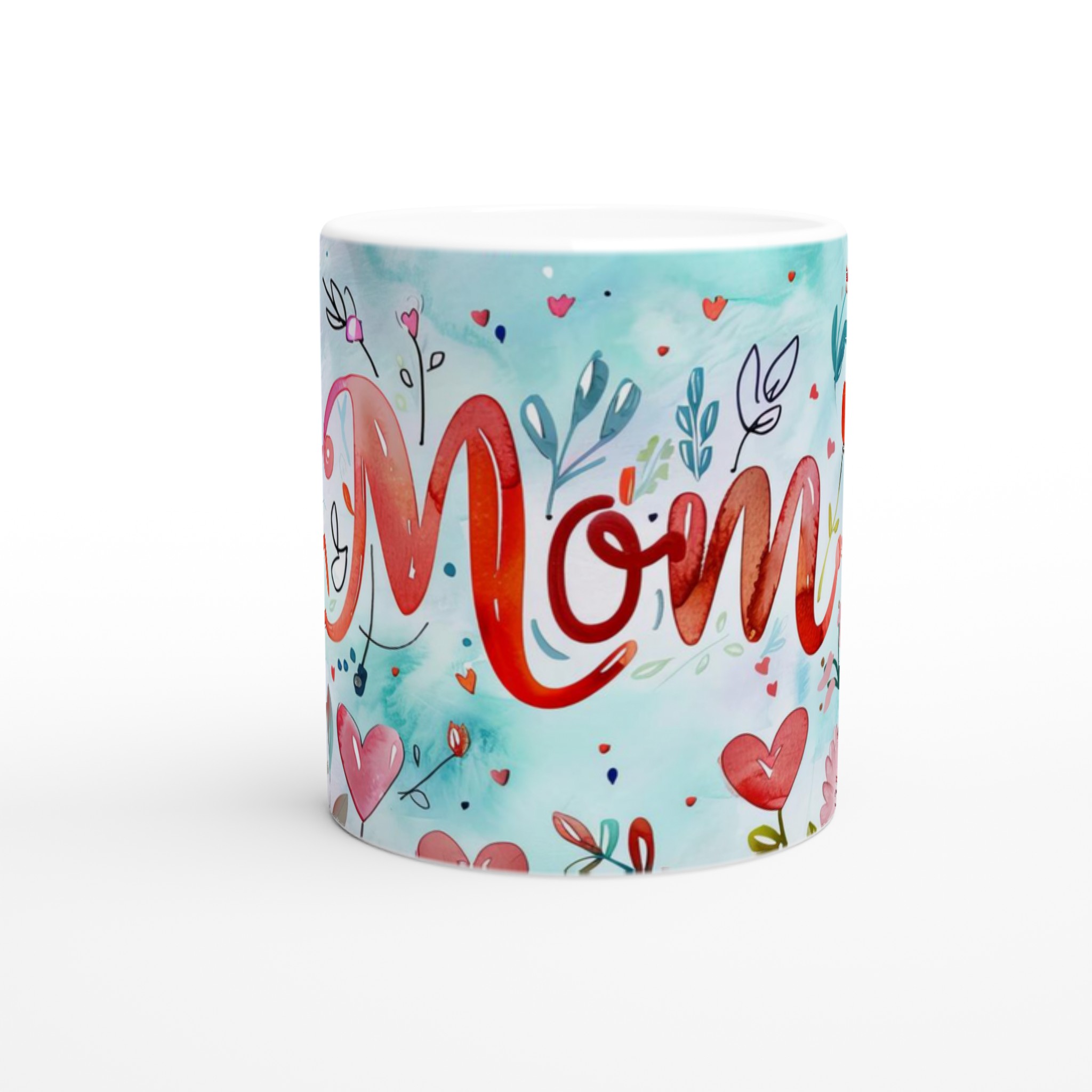 Charmig Vit 11oz Keramisk Mugg med Blomstrande 'Mom'-Design i Varma Röda Toner 9 802e77e7-7cd9-4c59-aa9f-6b1ab0371ac5