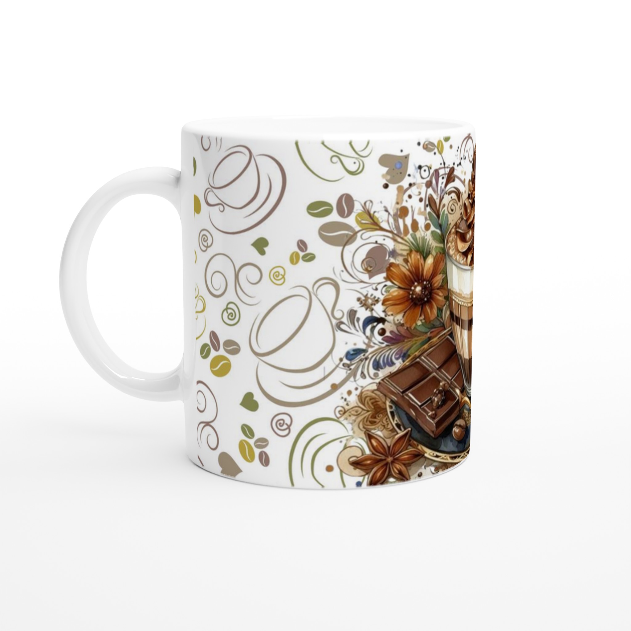 Vit 11oz keramisk mugg med elegant kaffemotiv i varma jordtoner – välj din favoritfärg 1 809f78df-f021-42fe-b656-07a5ff268a31