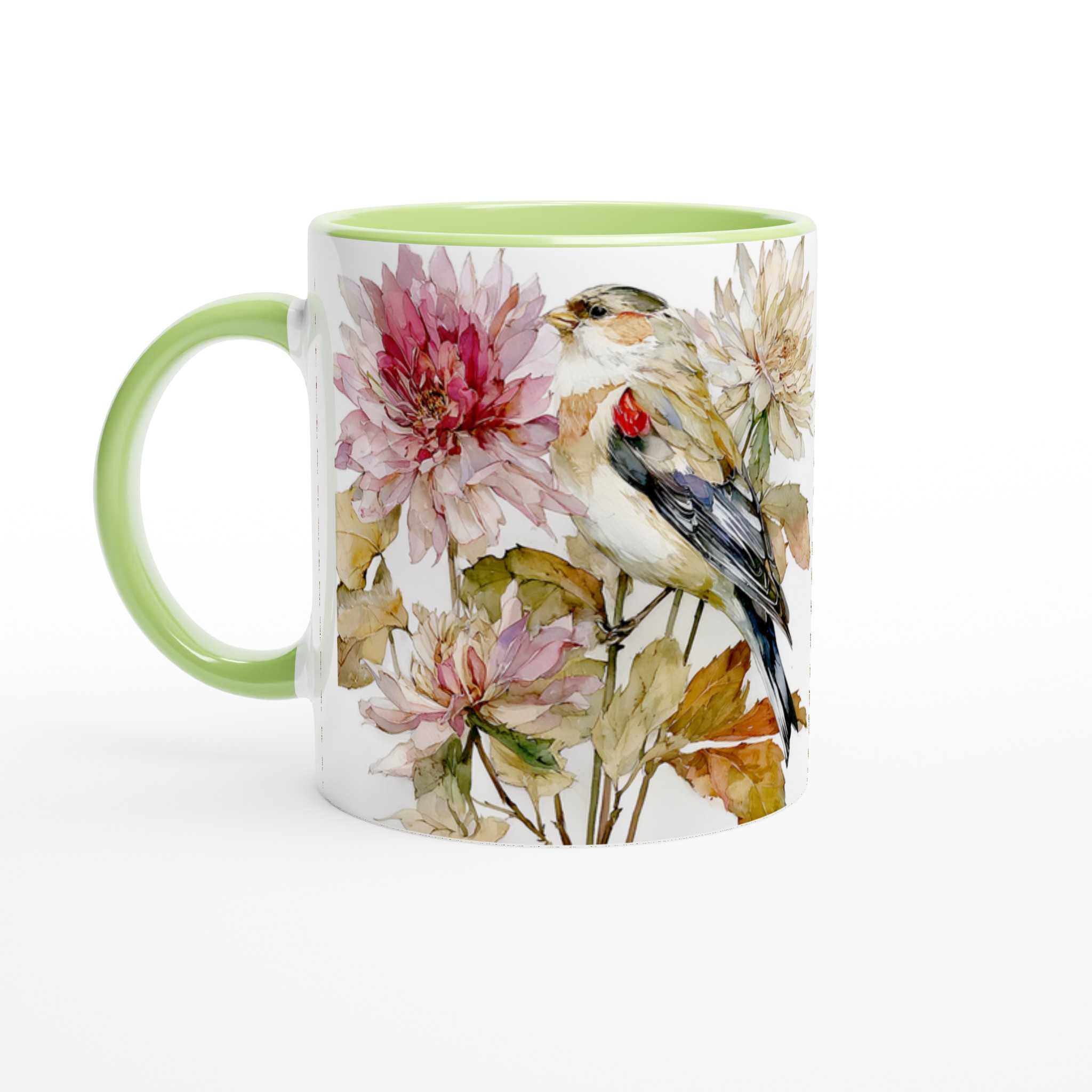 Vit 11oz keramisk mugg med elegant fågel och blomsterkonst i balanserade pastelltoner 7 80a01ed1-4cd3-4afb-9675-817d7cb4b23e