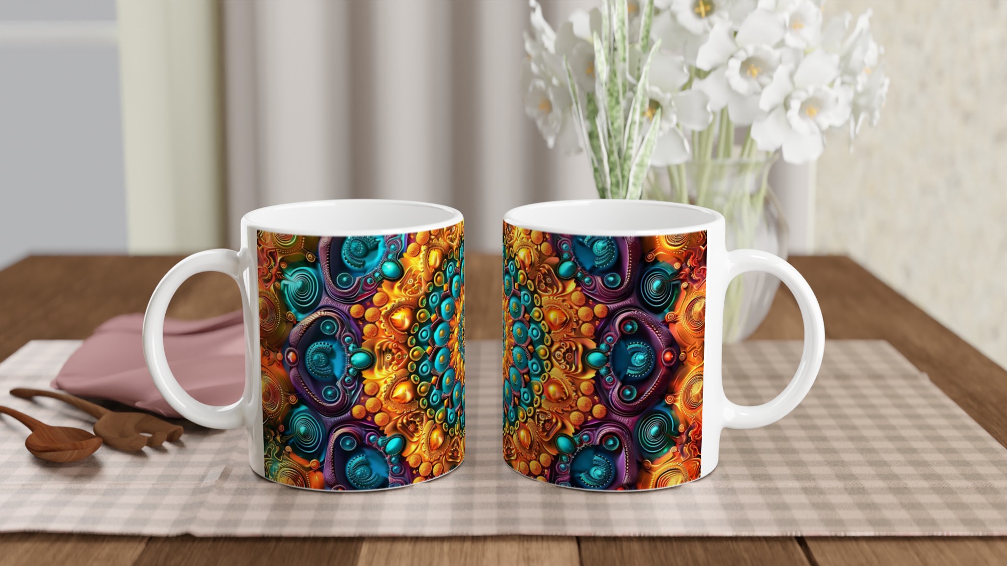 Mångfärgad Hypnotisk Mandala 11oz Keramisk Mugg – Geometrisk Konst i Strålande Guld & Turkos 10 80e0e194-bc6d-4236-b1ad-e7ebe8786654
