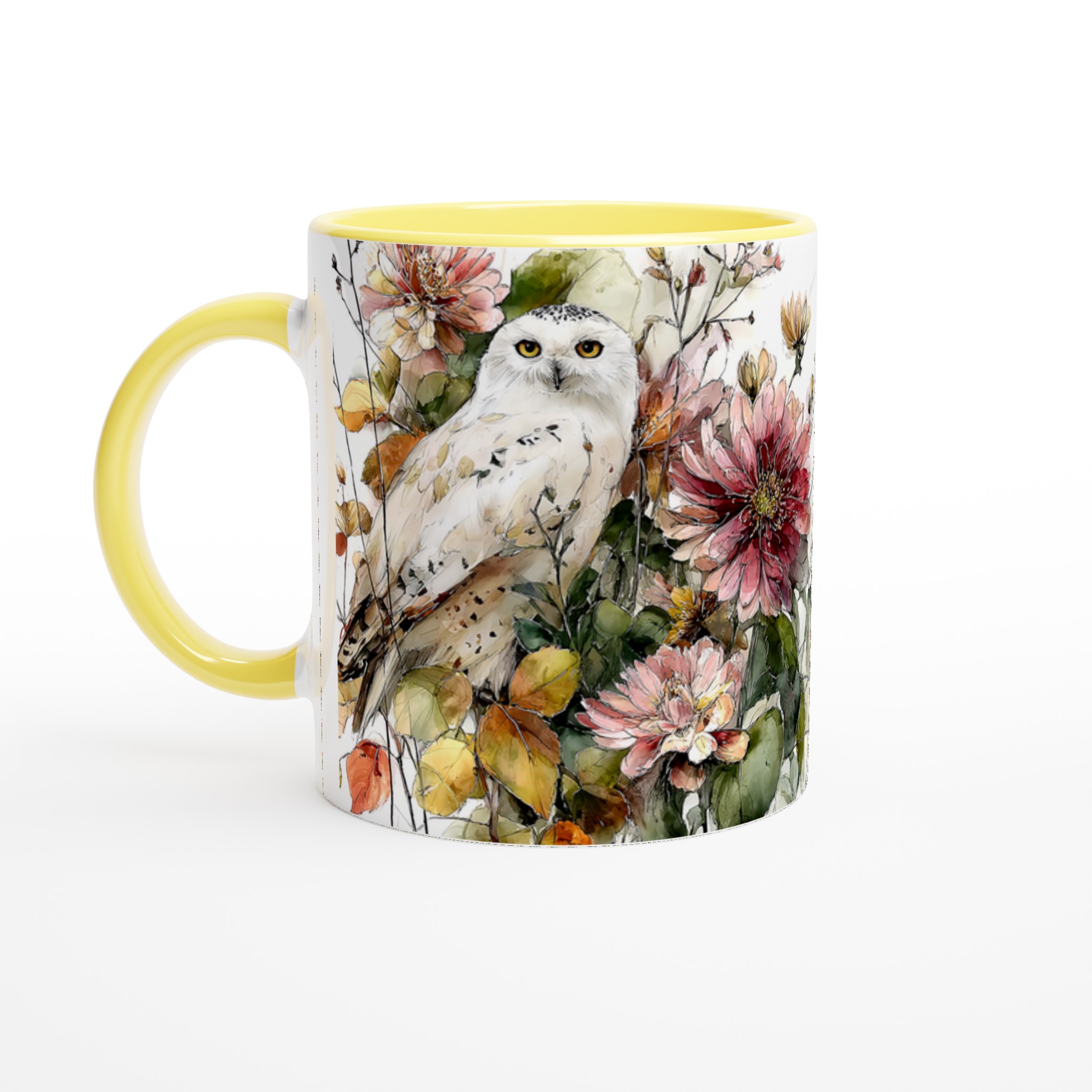 Vit 11oz keramisk mugg med elegant uggla och blommönster – välj din favorit bland sju färger 3 813d6104-77e6-465b-a245-5af1e1984636