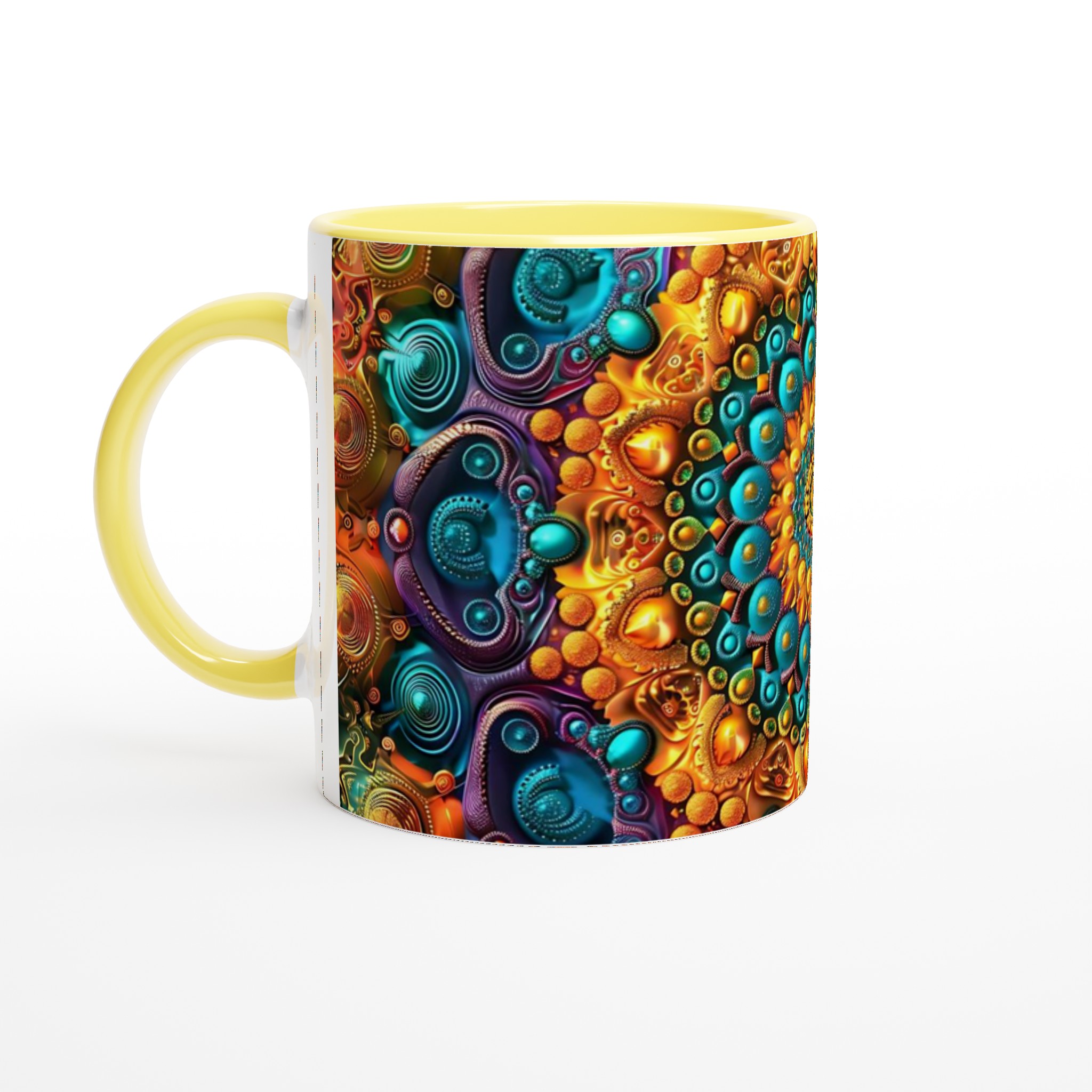 Mångfärgad Hypnotisk Mandala 11oz Keramisk Mugg – Geometrisk Konst i Strålande Guld & Turkos 3 81633b26-e8af-4996-b148-9ef7bec195d2