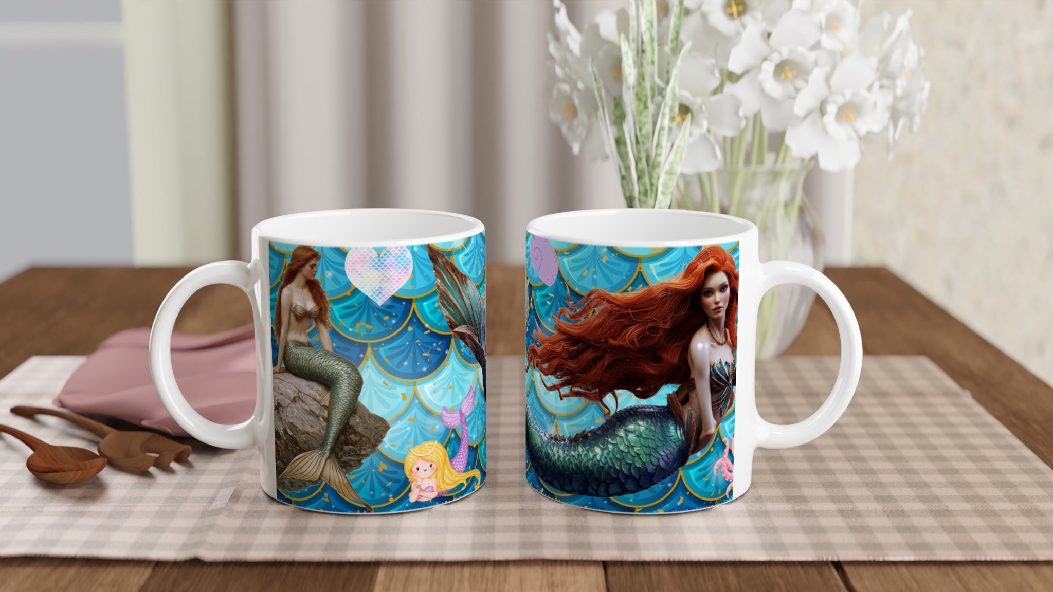 Vit 11oz keramisk mugg med magiska sjöjungfruillustrationer i flera livfulla färger 10 81ad48ec-5f6b-4178-bb3d-18c6f54268a4